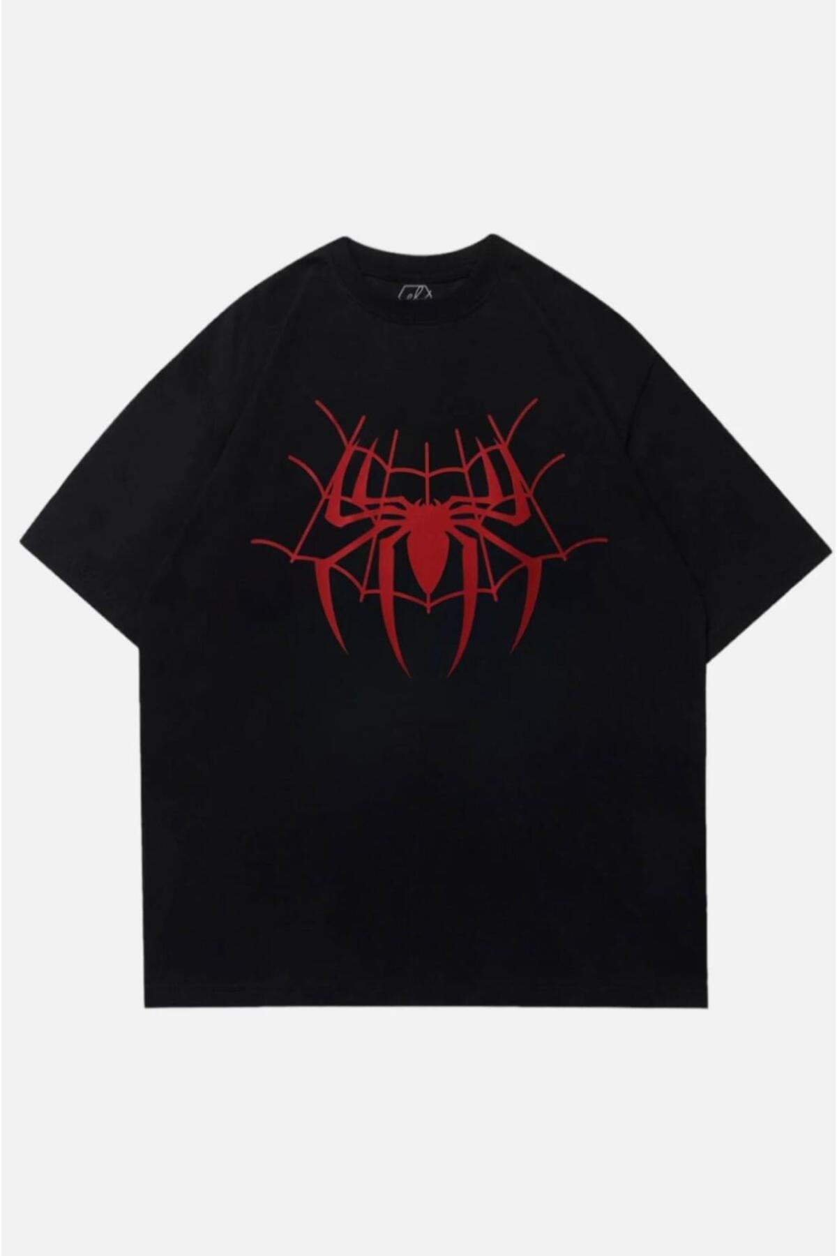 Gothicas Siyah Unisex Spider Ağ Örümcek T-Shirt Oversize Unisex