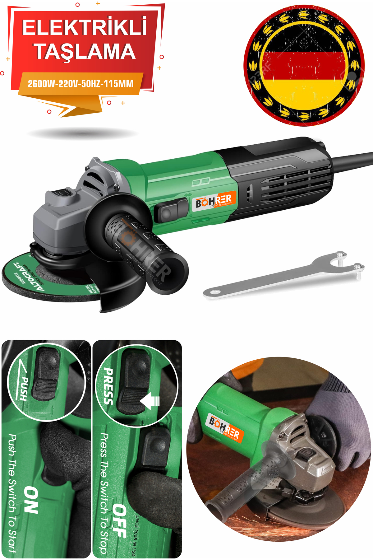 BÖHRER 115 MM 2600W ELEKTRİKLİ AÇILI AVUÇ TAŞLAMA MAKİNESİ, PROFİL KESME , MERMER ZIMPARALAMA , DEMİR KESME