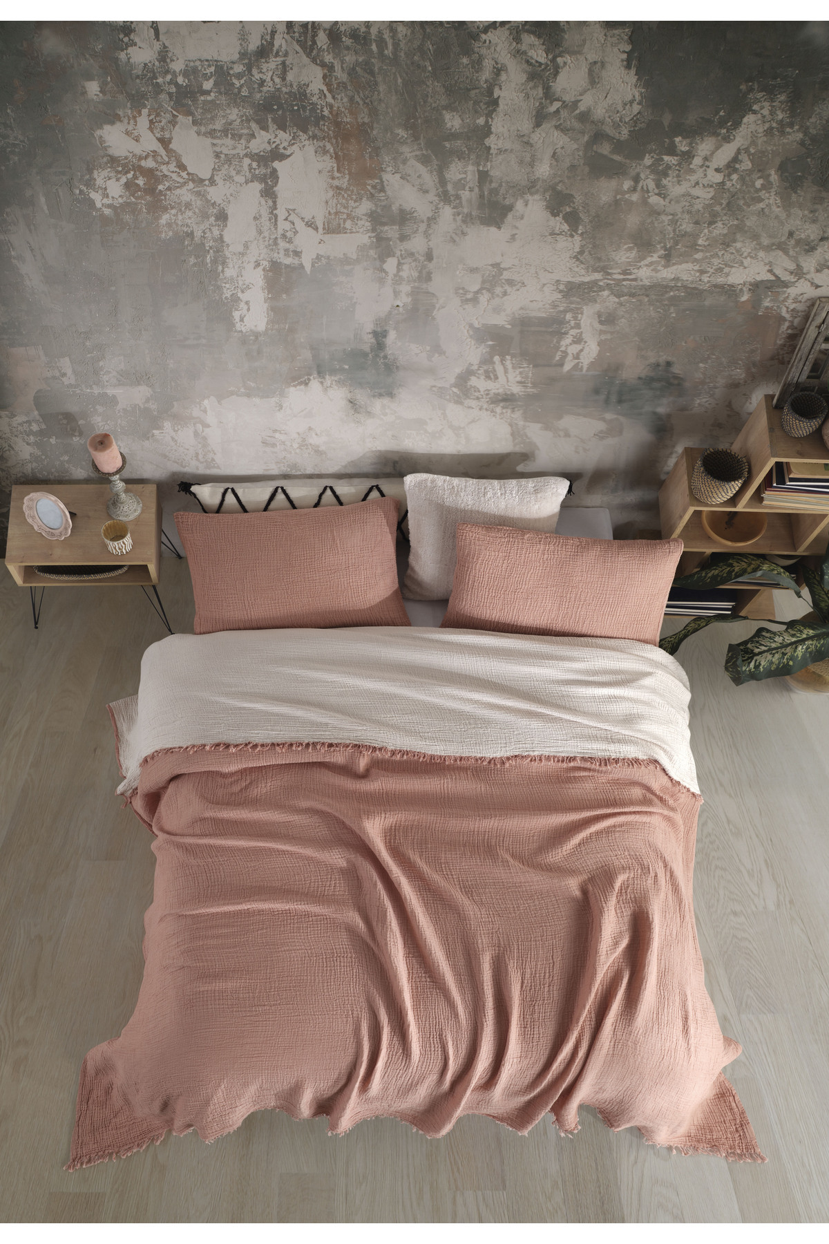 destinyhometex Kiremit Tek Kişilik 160 X 240cm Yatak Örtüsü/1 Adet 50x70cm Yastık 4 Katlı Multi Muslin %100 Pamuk