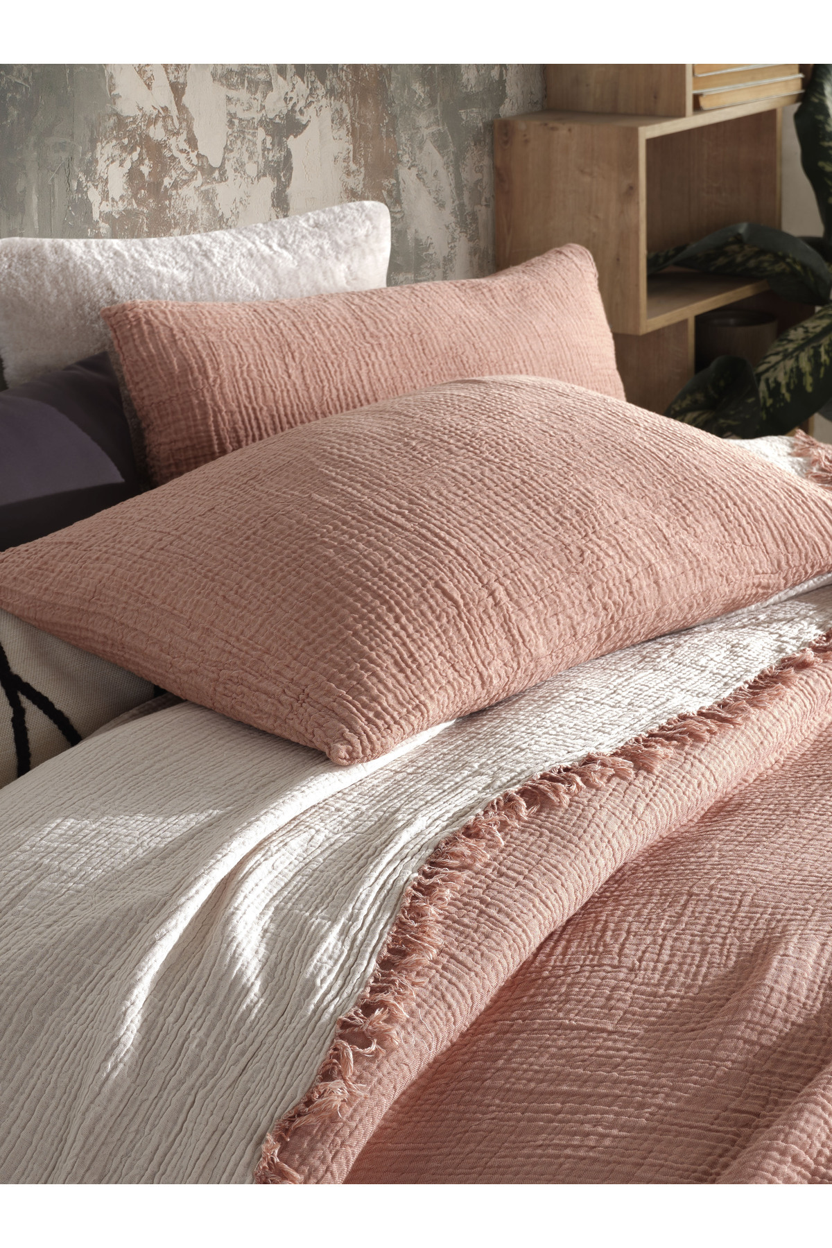 destinyhometex Kiremit Tek Kişilik 160 X 240cm Yatak Örtüsü/1 Adet 50x70cm Yastık 4 Katlı Multi Muslin %100 Pamuk