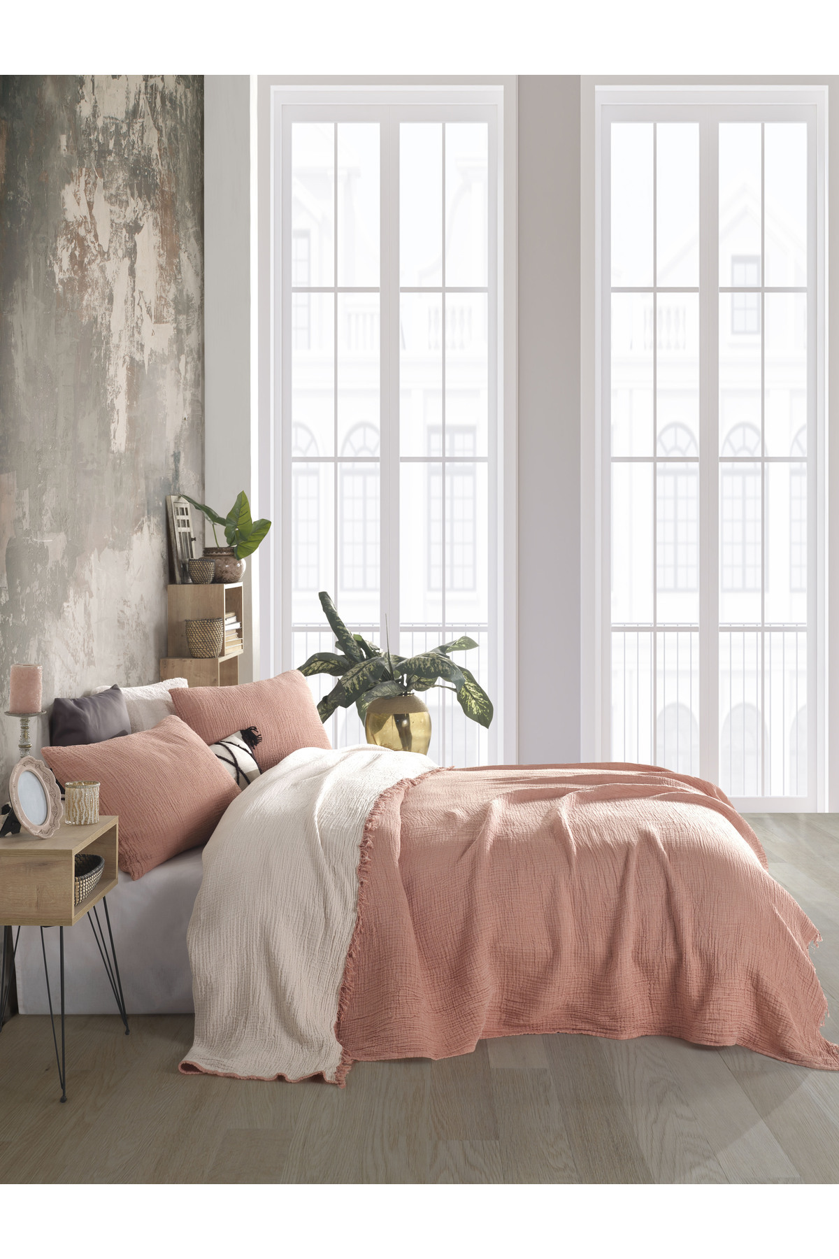 destinyhometex Kiremit Tek Kişilik 160 X 240cm Yatak Örtüsü/1 Adet 50x70cm Yastık 4 Katlı Multi Muslin %100 Pamuk