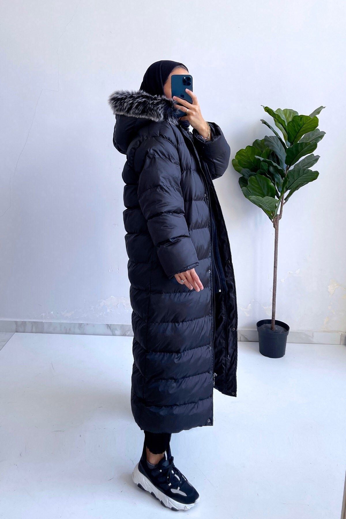 Ka Hijab Hooded Fur Long Hijab Puffer Coat - Черный KH-1731