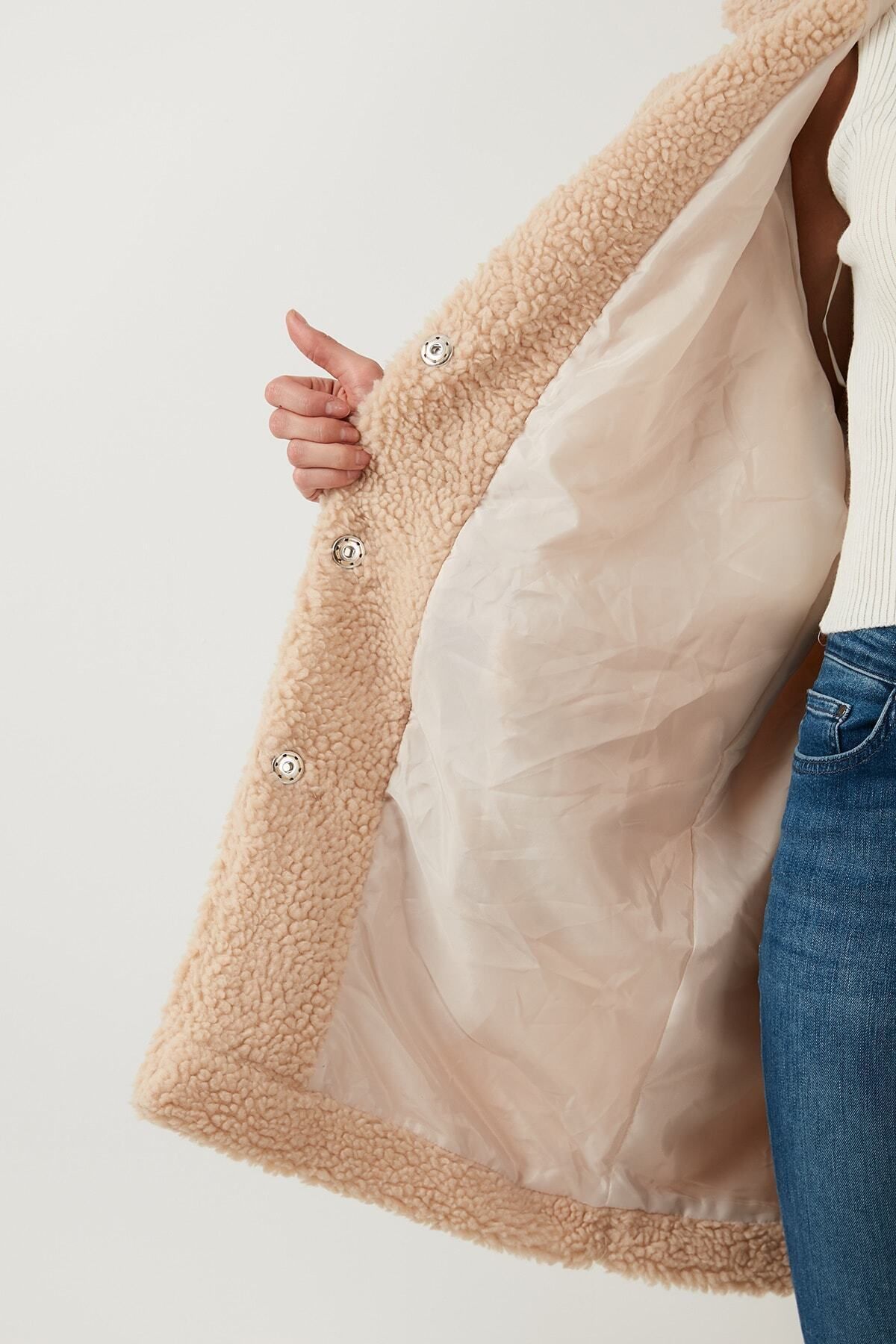 Lela Oversize Lined Pocketed Plush Teddy Coat Coat 497teddy Trendyol