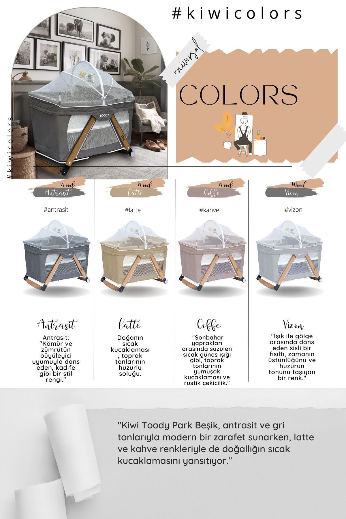 Kiwi Toody All in One Katlanır Tekerlekli Sallanır Sabitlenir Anne Yanı Park Yatak Beşik - Latte fotoğrafı 6 (önizleme)