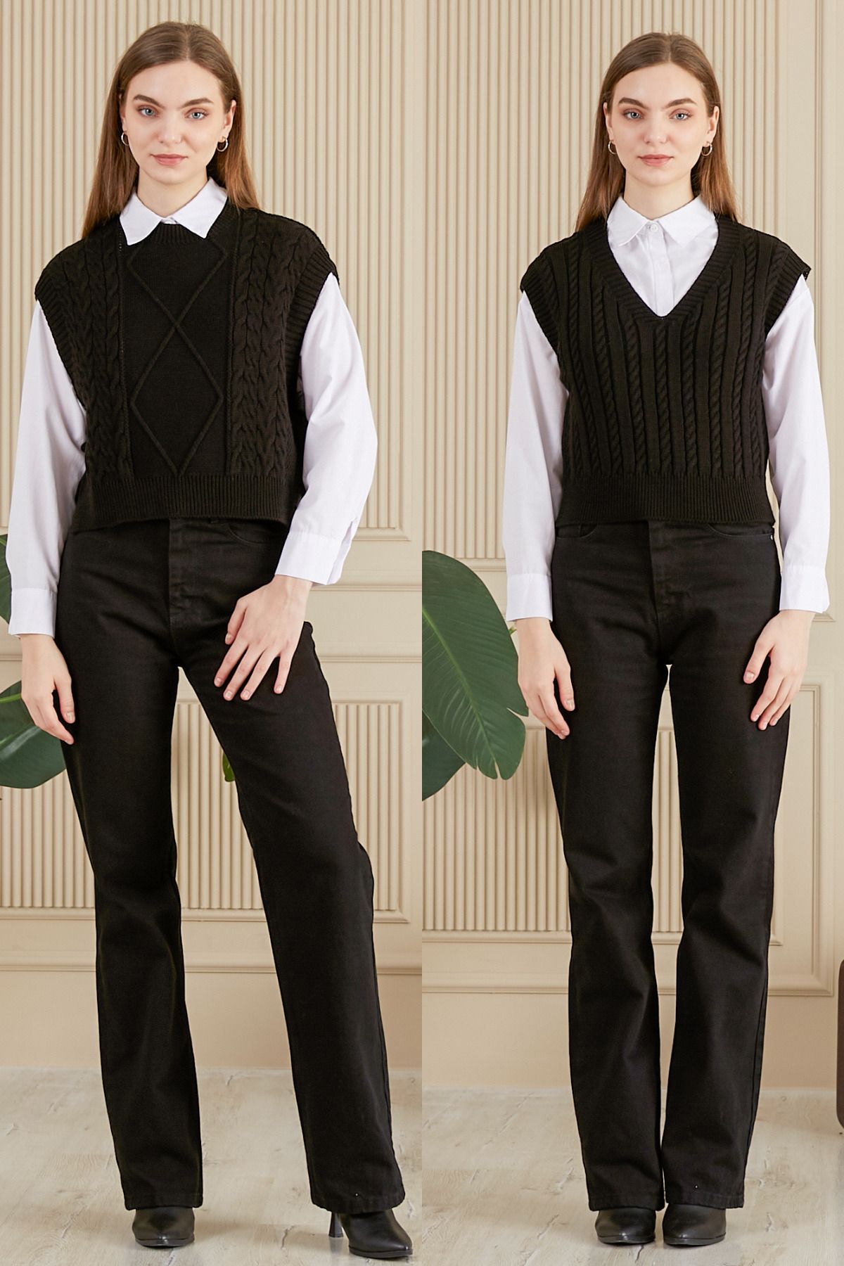 KISCHE Black Color Women s V Neck and Side Tie Hair Braid Sweater 2 Piece Product Trendyol