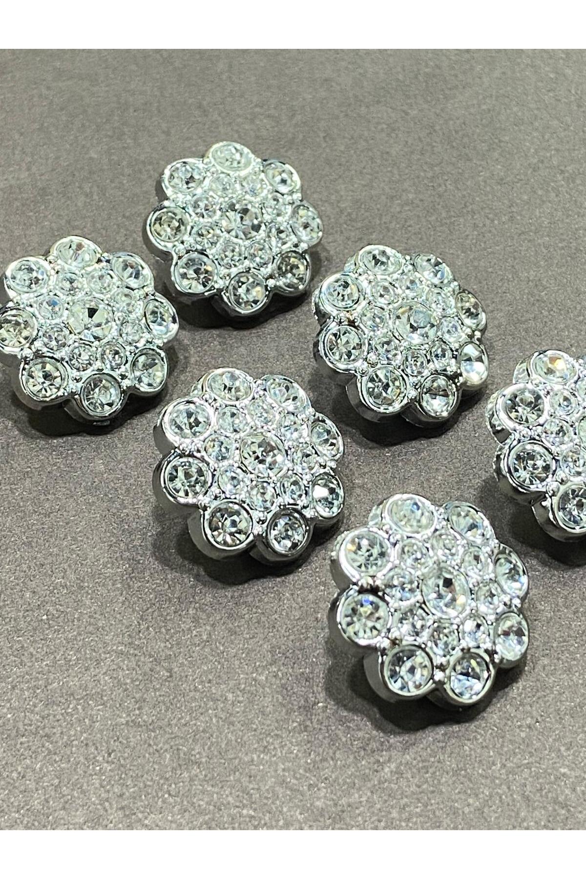 Stoned Button / Metalized (plastic) / Silver / set of 6 / 2 cm / code 156