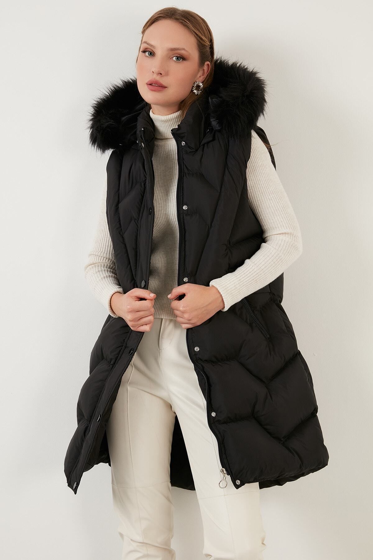 Puffer vest with faux fur hood outlet