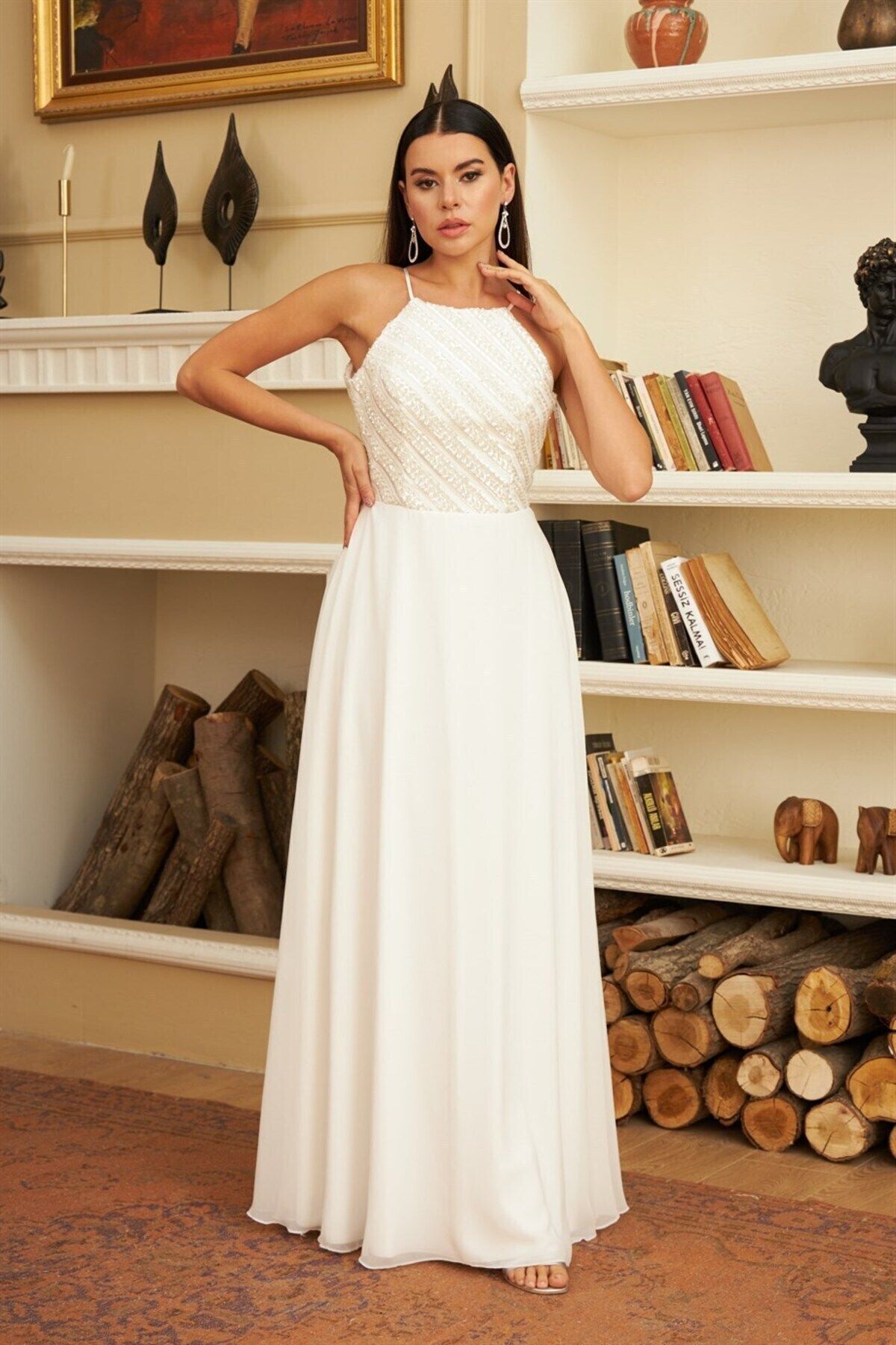 CARMEN Ecru Chiffon Sequined Long Wedding Dress Trendyol