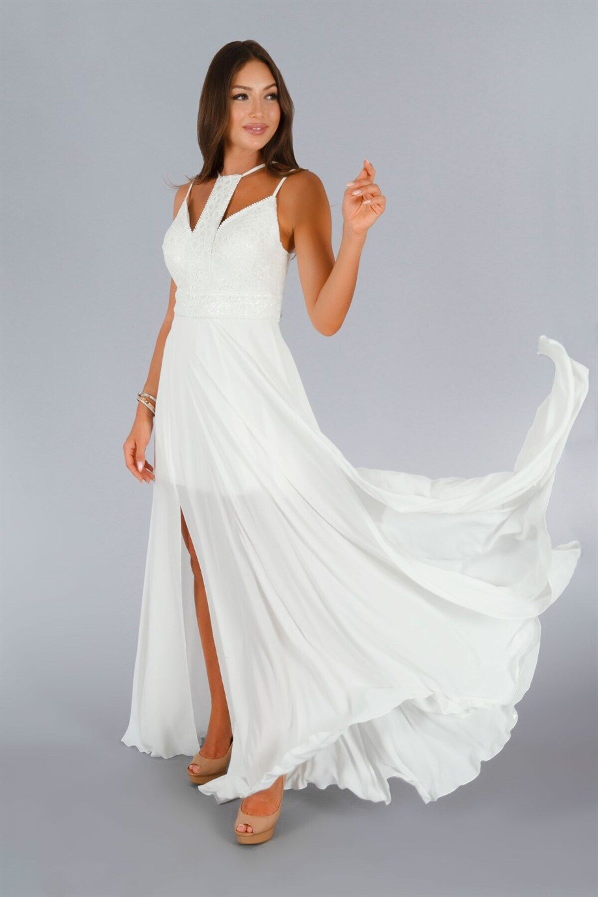 Gray chiffon cheap halter neck dress