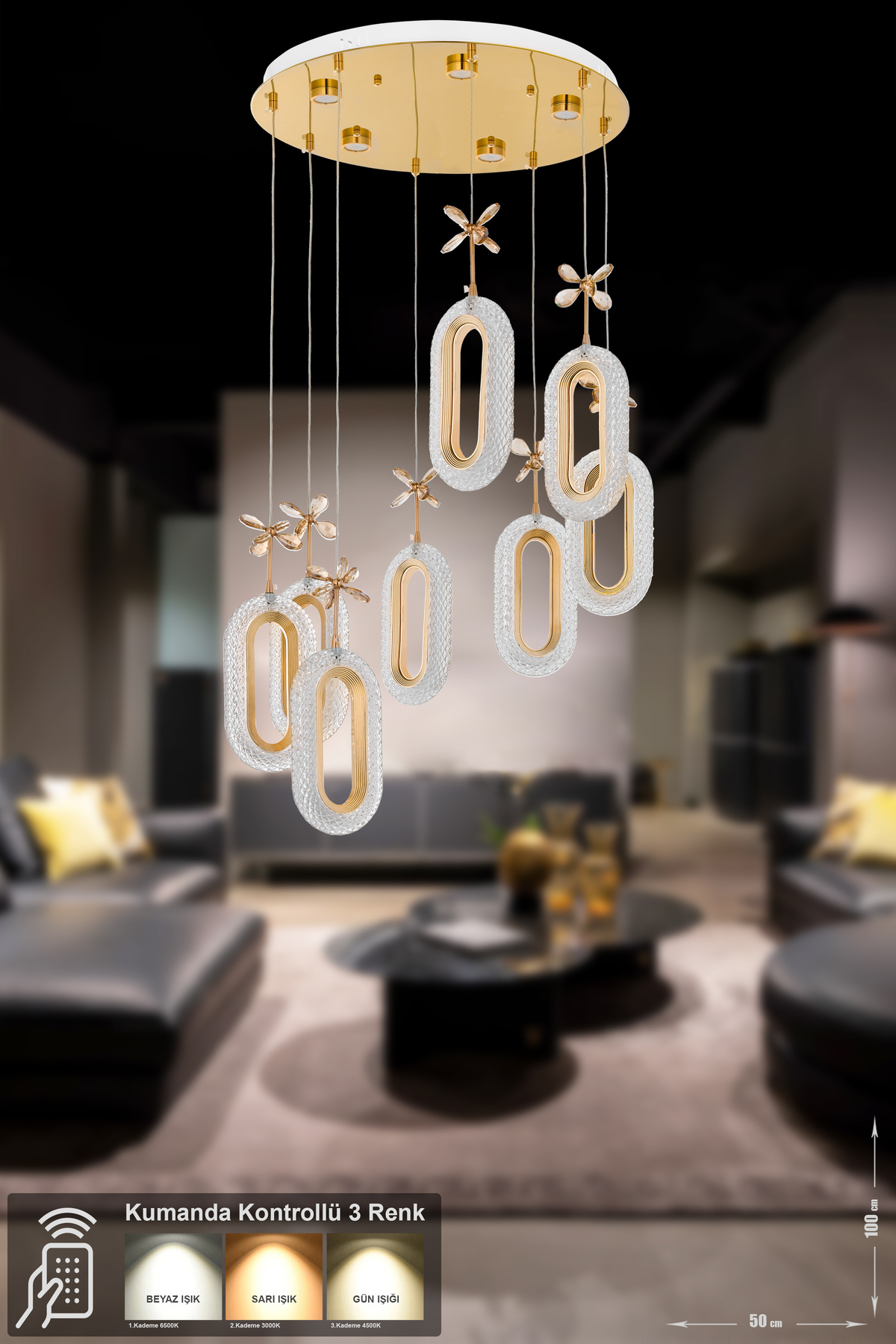 Sessi 8-Piece Power Led Operated Modern Luxury Pendant Chandelier, 3 Colors: Yellow-White-Daylight-Gold