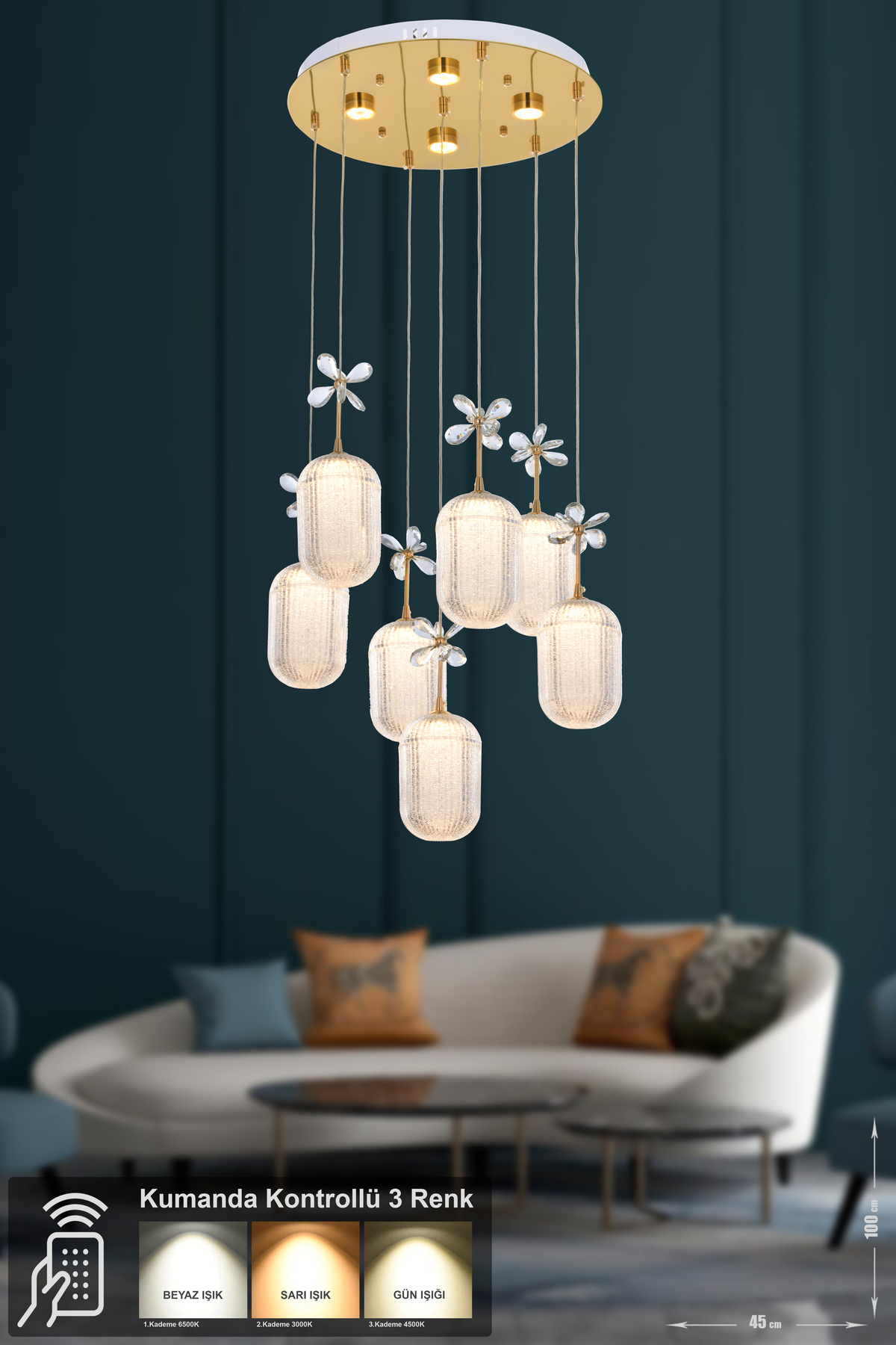 Motta 7-Piece Power Led Operated Modern Luxury Pendant Chandelier, 3 Colors: Yellow-white-daylight - Gold