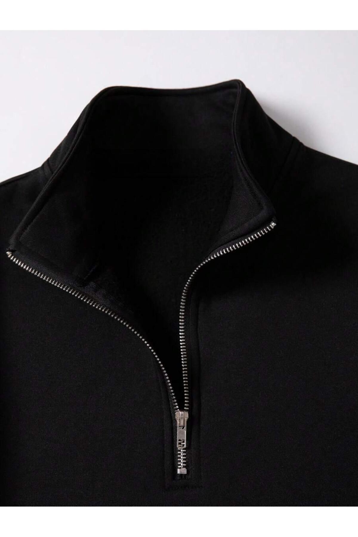 trendgar  siyah dik yakalı fermuarlı oversize unisex sweatshirt - Görsel 2