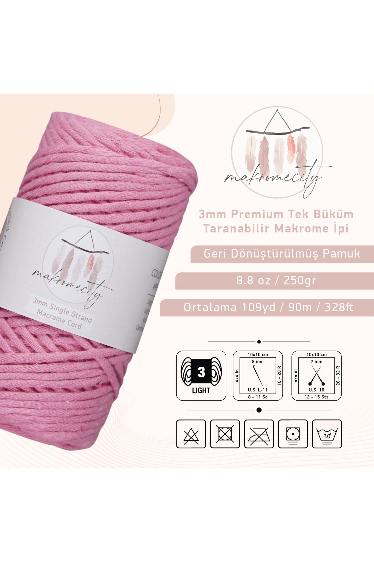 Makromecity-Scalloped Macrame Thread 3mm Scalloped Cotton Macrame Thread Macrame Thread Candy Pink 2