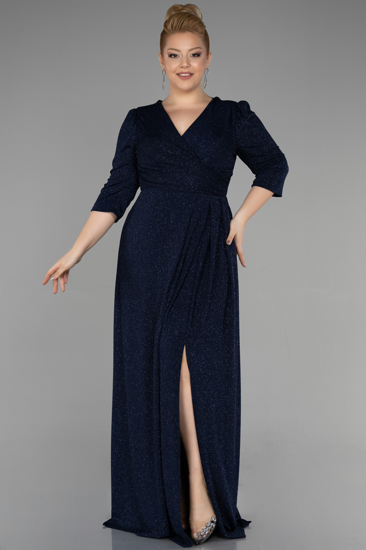 Navy Blue Capri Sleeve Long Glitter Plus Size Evening Dress Abu39740