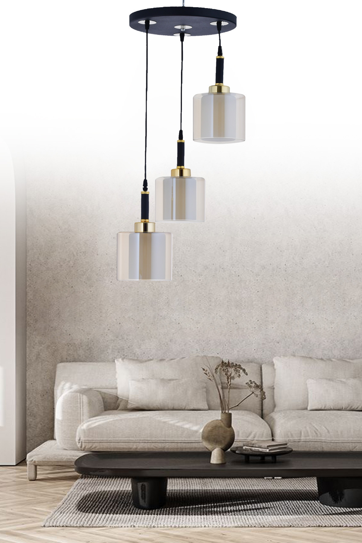 Pendant Tray Black 3-Piece Double Glass Honey Glass Chandelier
