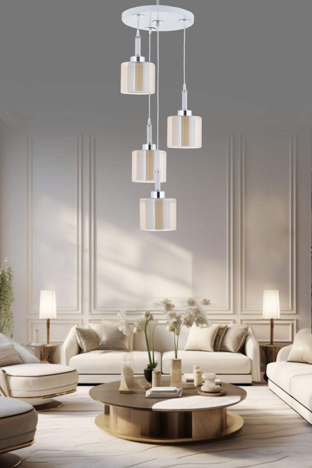 Pendant Tray White 4-Piece Double Glass Honey Glass Chandelier