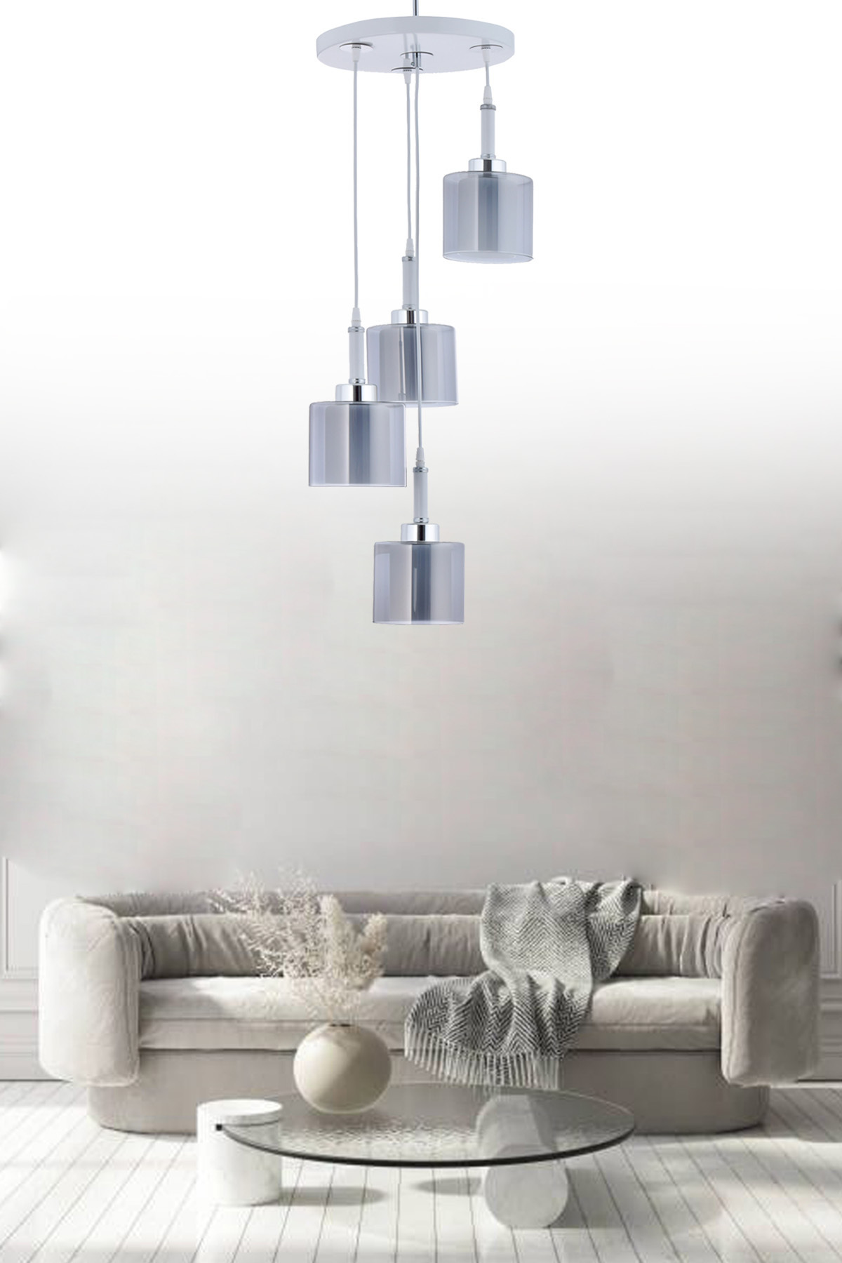 Pendant Tray White 4-Piece Double Glass Smoked Glass Chandelier