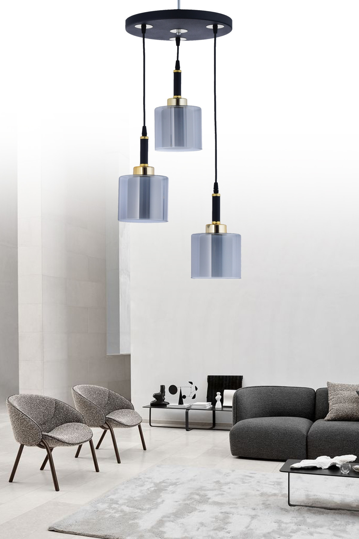 Pendant Tray Black 3-Piece Double Glass Smoked Glass Chandelier