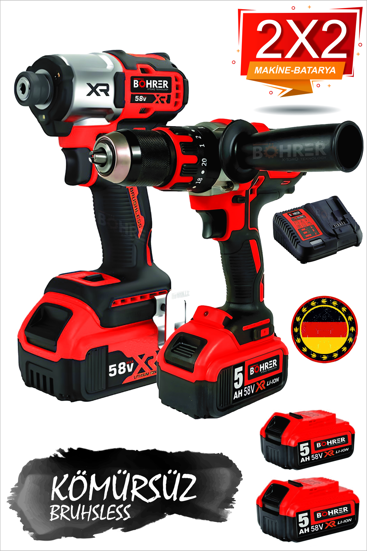 BÖHRER 2'Lİ KÖMÜRSÜZ V58 DARBELİ TORKLU VİDALAMA ,KIRMIZI 2XLİ-ON BATARYA V58 DARBELİ AKÜLÜ VİDALAMA MATKAP