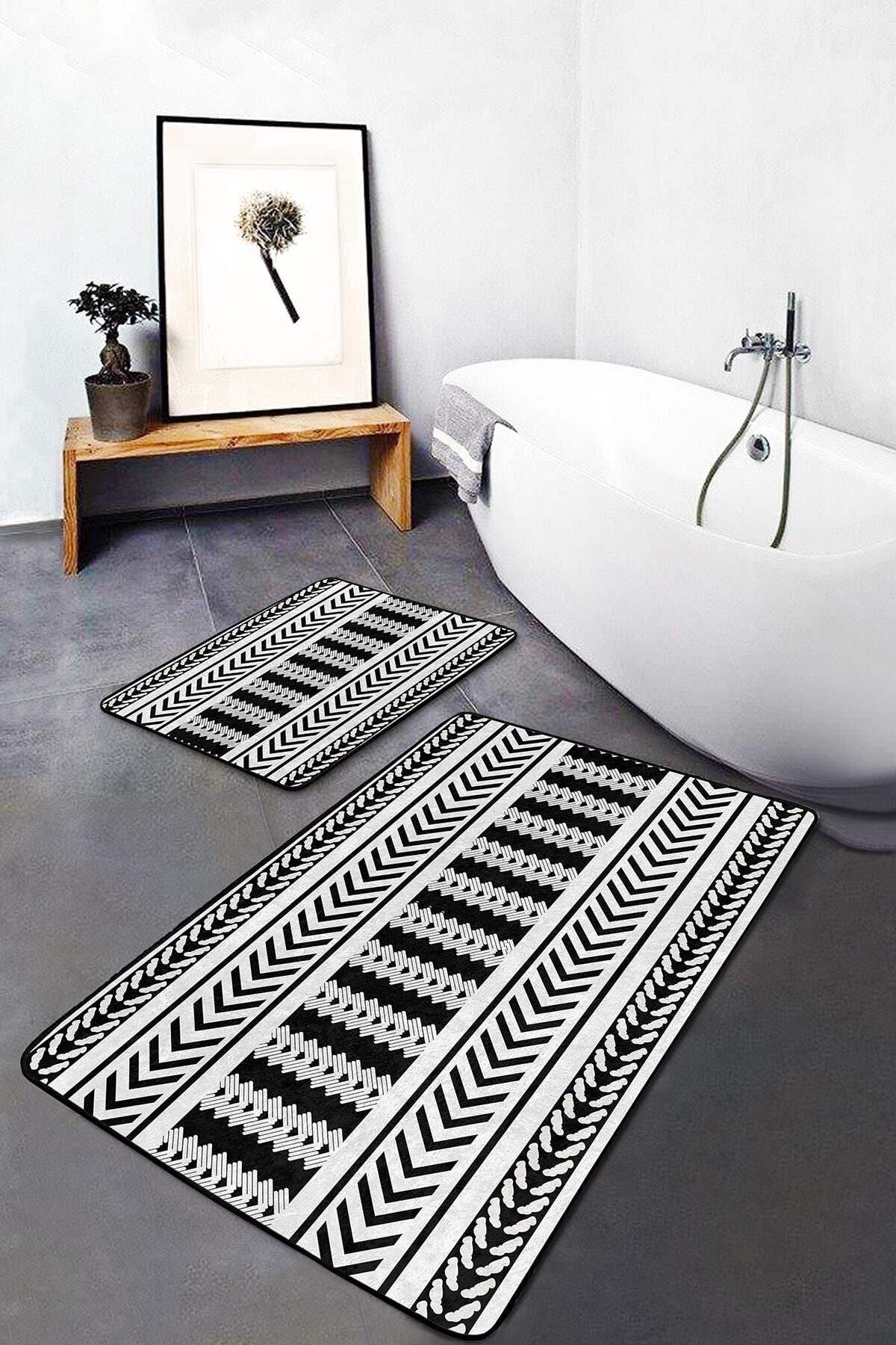 Nish & Royal-Black - White Geometric Motif on the Floor Scandinavian Geometric Simple & Stylish 2-Piece Bath Mat Set 3