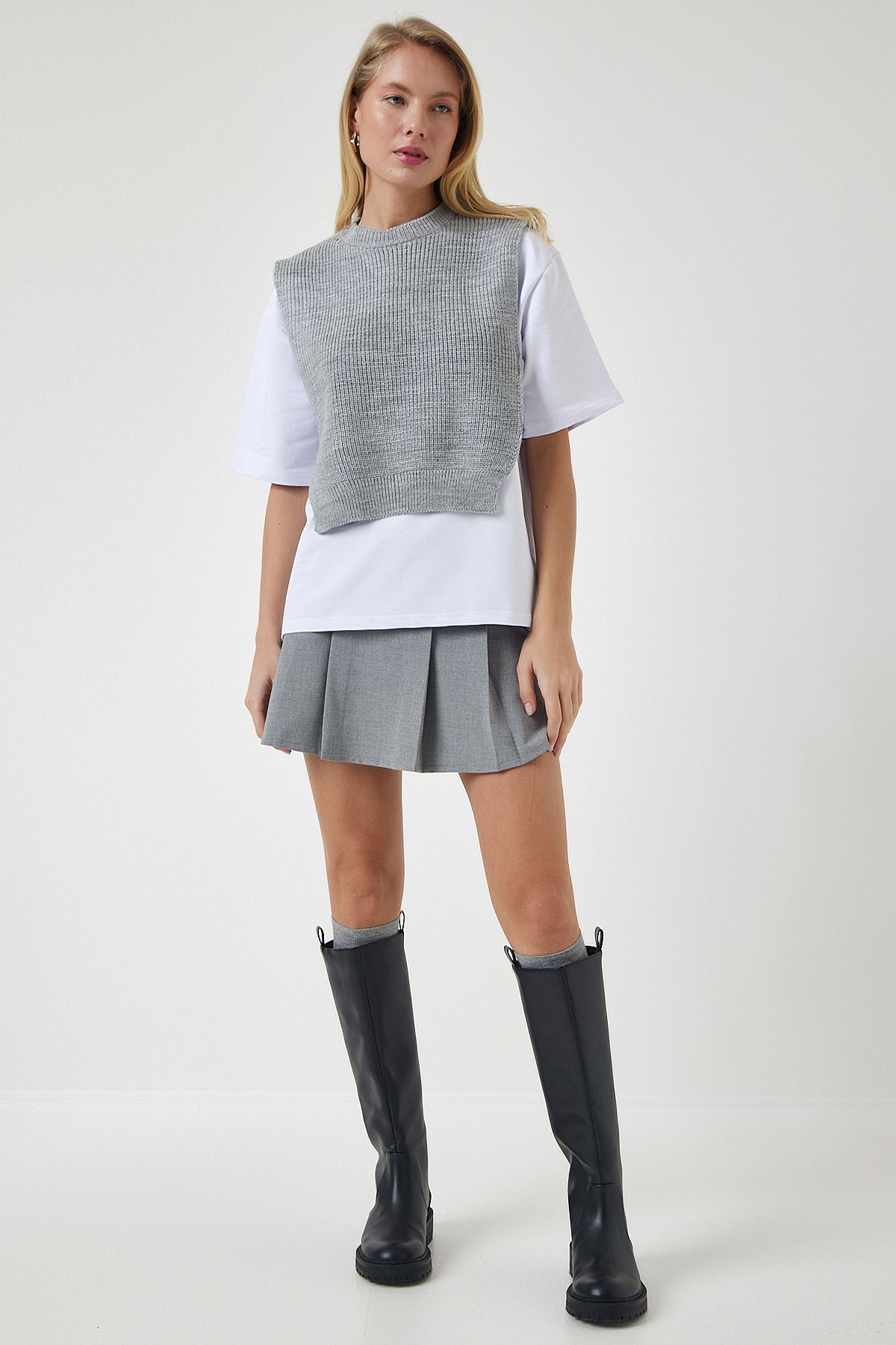 Happiness İstanbul Szary Sweter Damski Z Dzianiny T-shirt Kobieta - Standard