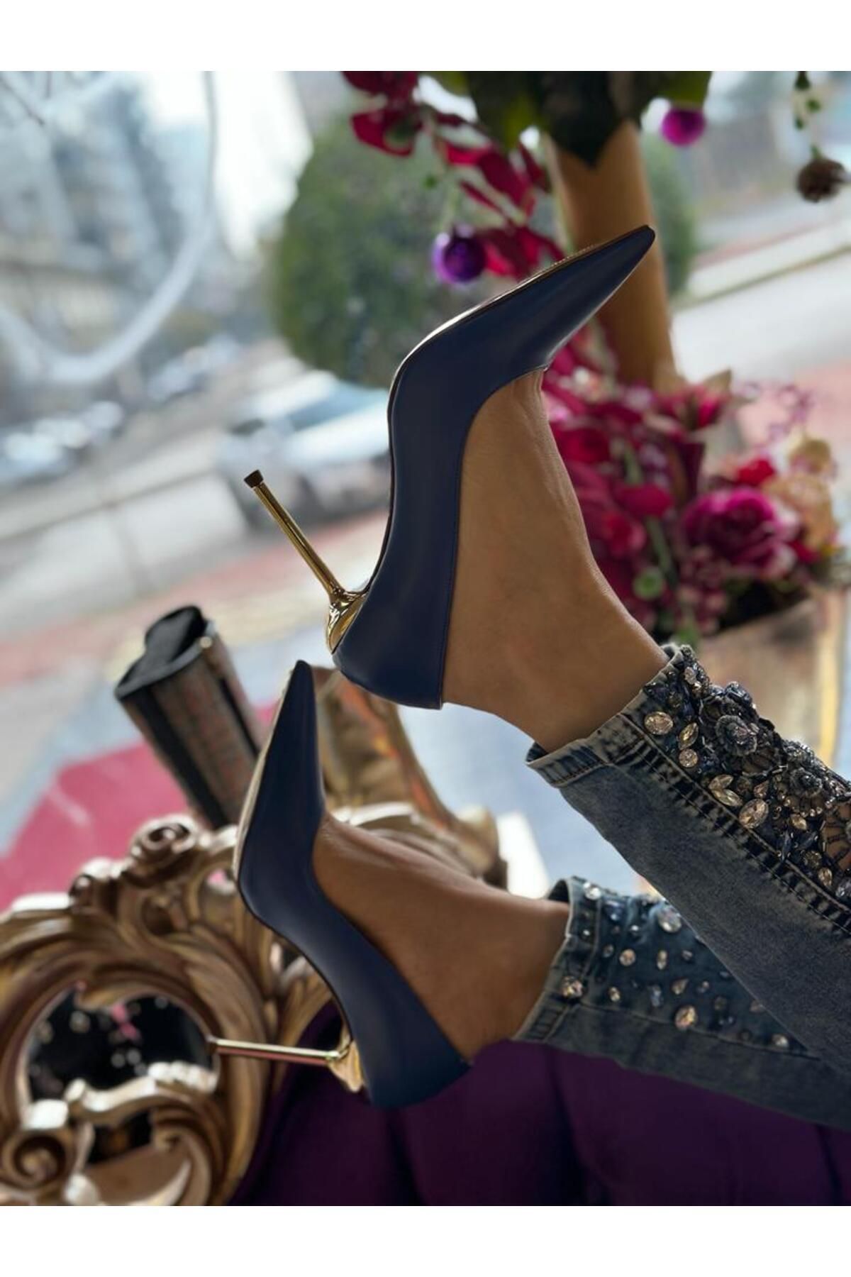 Kadın Mavi Deri Yüksek Topuklu Stiletto