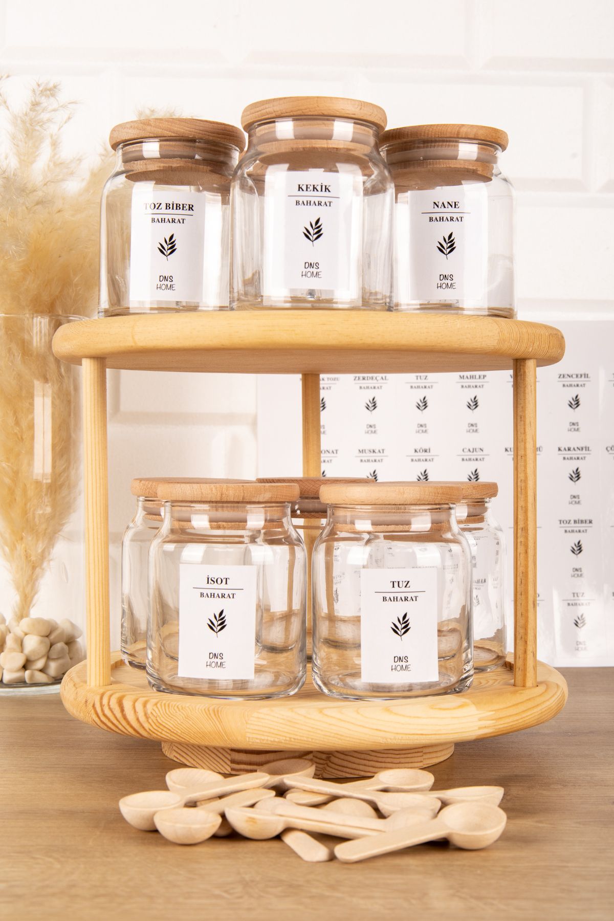 DNS HOME 10 Piece Wooden Flat Vacuum Glass Spice Jar Set with Lids Spoon Rotating Stand and Label Storage Jar