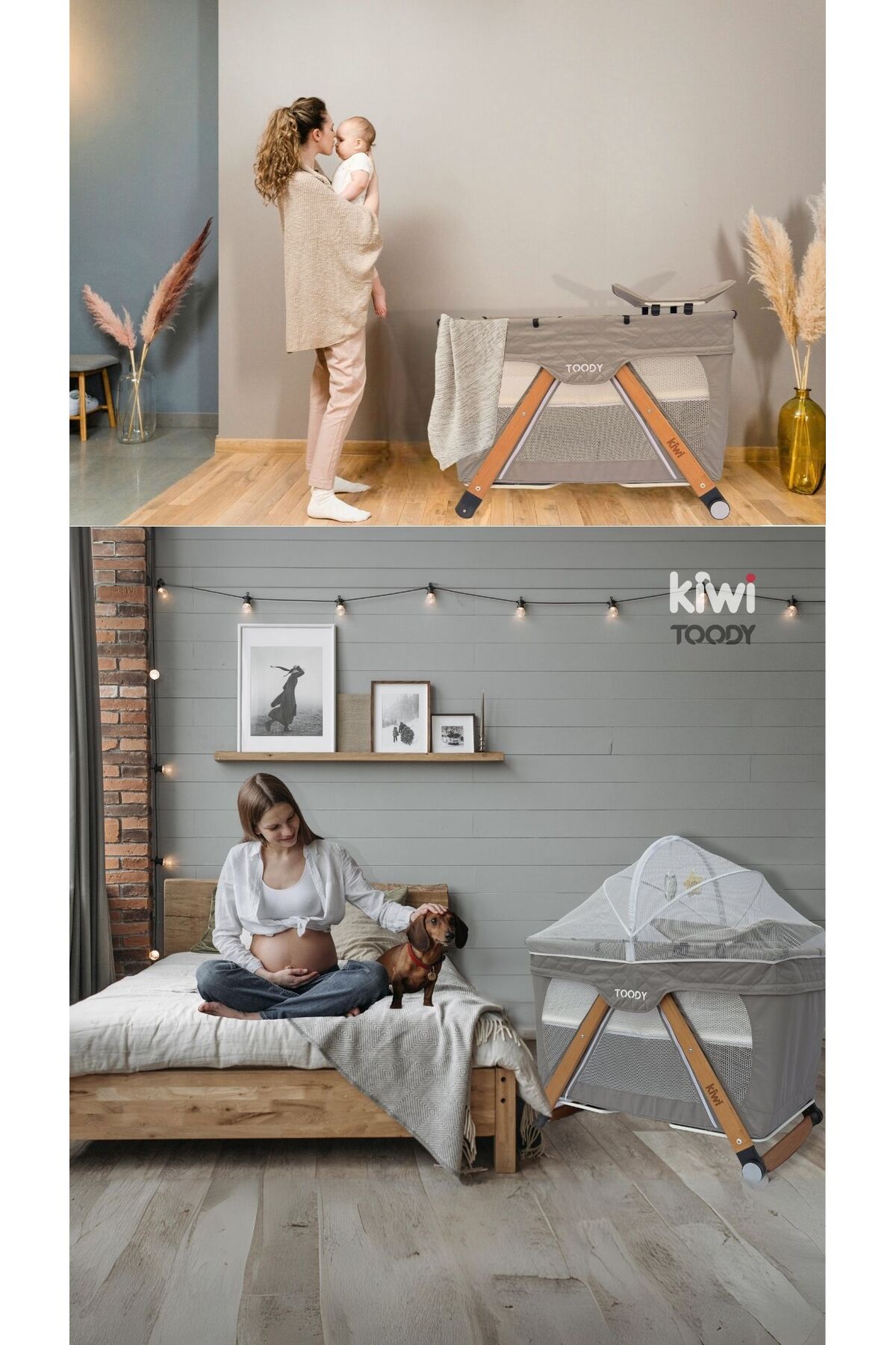 Kiwi Toody All in One Katlanır Tekerlekli Sallanır Sabitlenir Anne Yanı Park Yatak Beşik - Latte fotoğrafı 5 (önizleme)