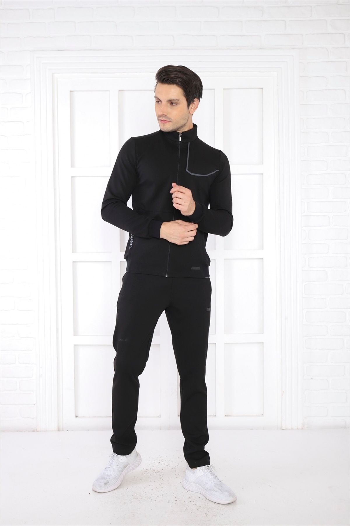 ست گرمکن ورزشی مردانه یقه عمودی سیاه پوست 4 فصل تنفس پنبه ورزش SLIMFIT TEAM 6793 Escetic