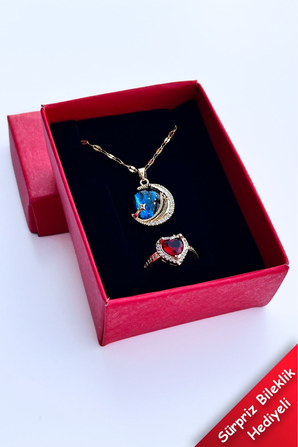 TREND COLLECTİON Kadın Paslanmaz Çelik Gold Zirkon Taşlı Gökyüzü Kolye ve Pandora Yüzük Set (Sevgiliye Hediye)