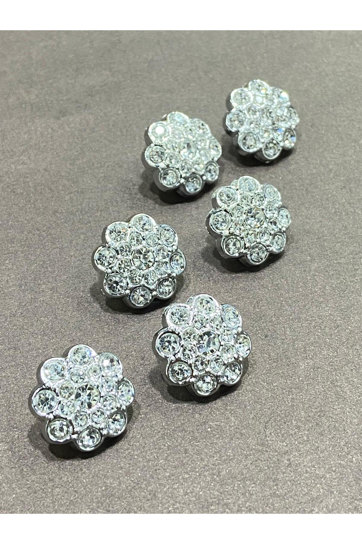 Stoned Button / Metalized (plastic) / Silver / set of 6 / 1.7 cm / code 156