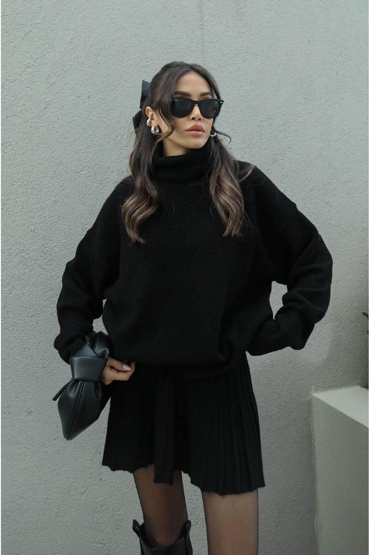 Mooi Butik Czarna Plisowana Mini Spódniczka, Sweter Wędkarski, Dół, Góra, Zestaw Dzianin Premium Kobieta - M