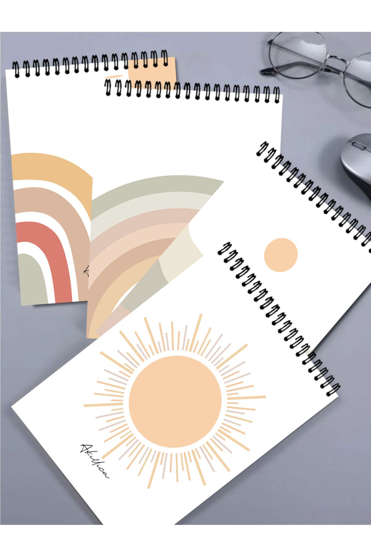AKILLICA-Set of 4 Unlined Notebooks 13 X 20 cm 56 Sheets Cardboard Cover Top Spiral Notebook Notebook Sun 4