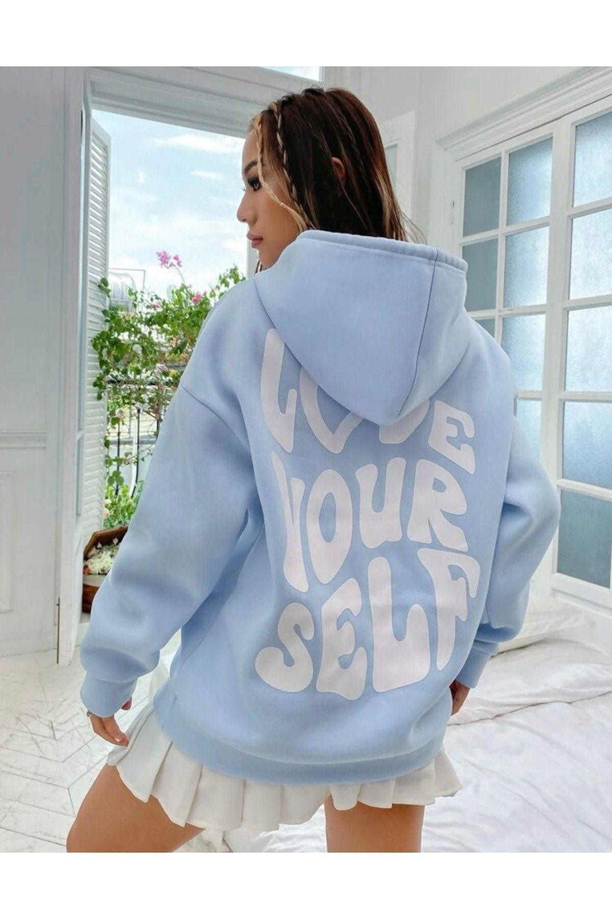 Love Your Self 3 İplik Kalın Kışlık Sweatshirt- Bebe Mavisi Baskılı Oversize Kapüşonlu Hoodie — بژ LVYSF3IP-BN — تصویر 3 از 4
