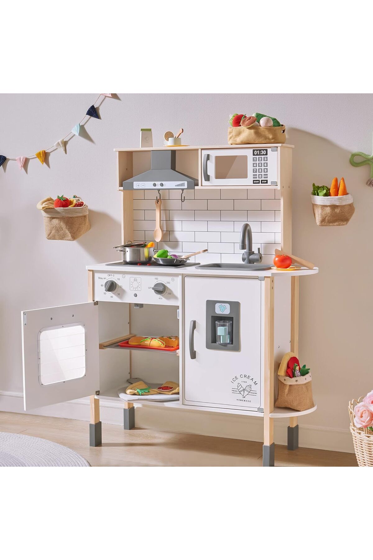 Tiny Land Children s Kitchen Wooden Toy Set 18 Pieces Food and Cookware Accessories with Real Lights and Sounds Trendyol