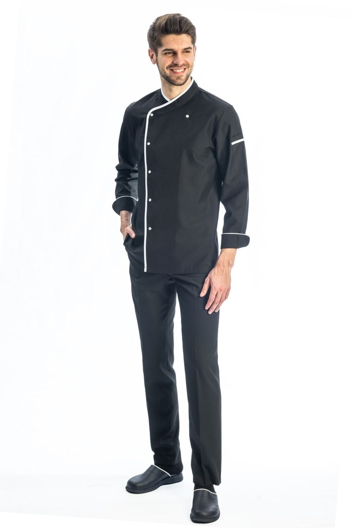 TIPTEKS-Jachetă și pantaloni clasici negri pentru bărbați cu mâneci lungi, șorț și șapcă - set de patru cu șorț alb 3