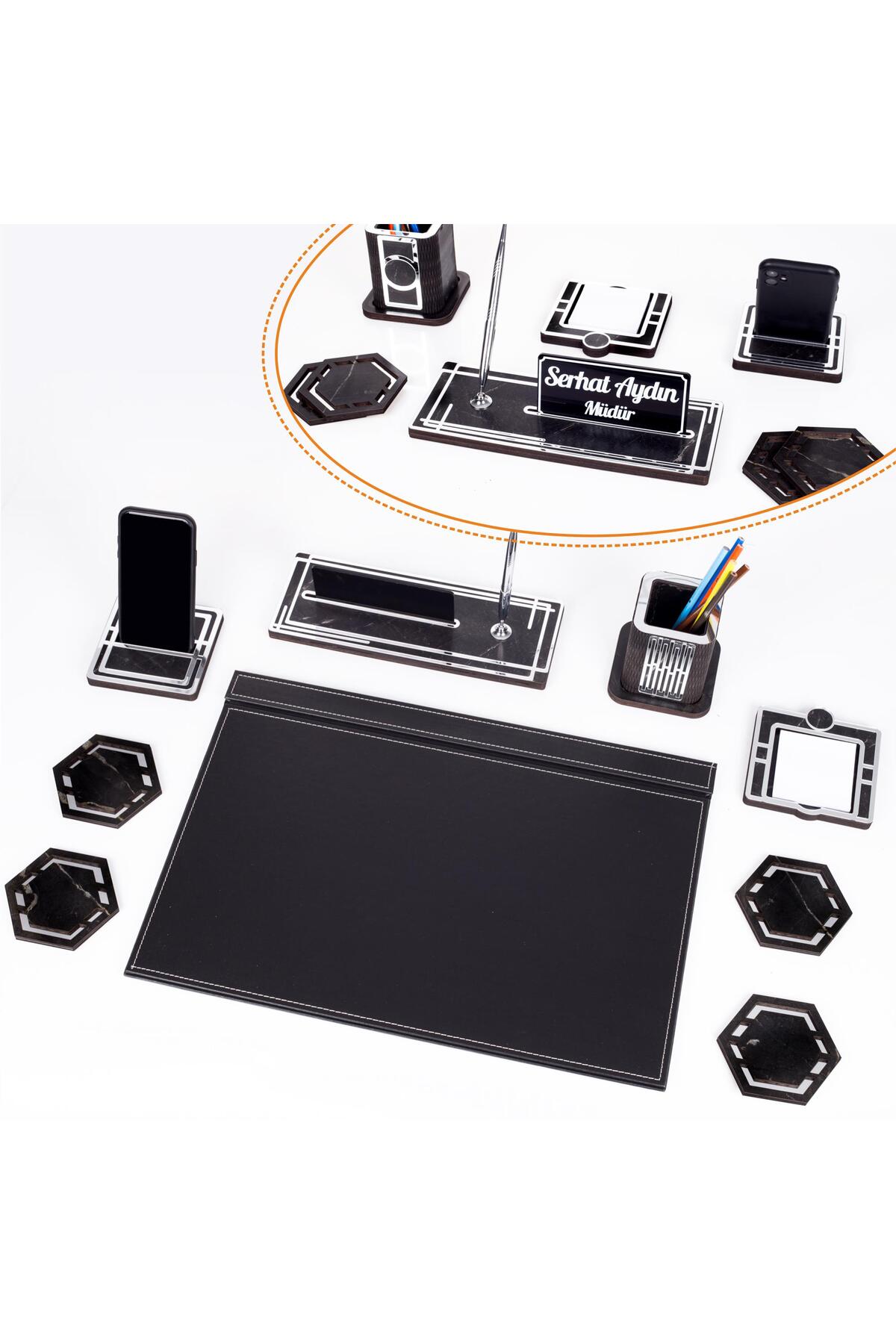 Ofistike Roxy Gümüş Siyah Deri Sümen Takımı Mermer Desen Ahşap Isme Özel Masa Isimliği Masaüstü Isimlik Seti