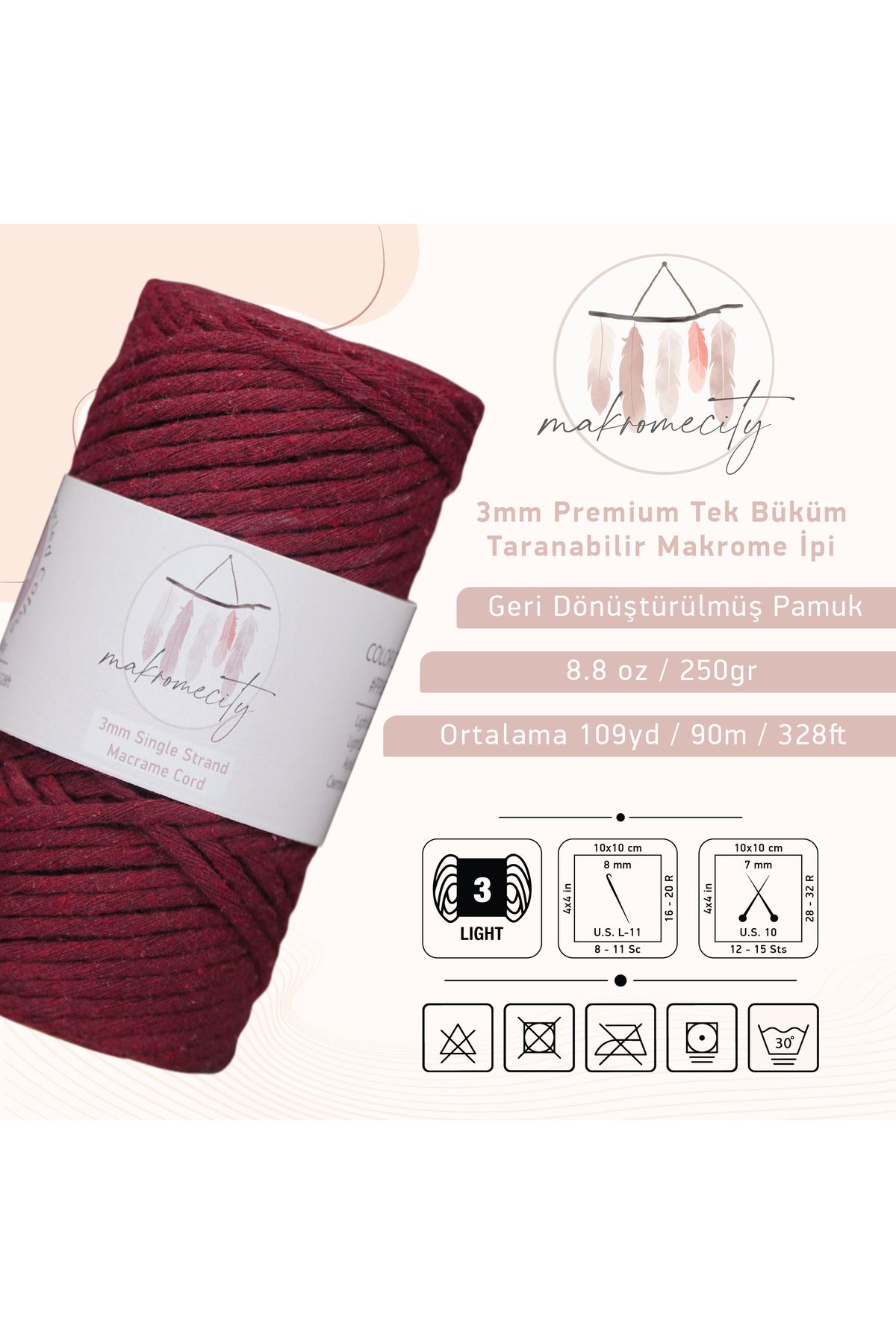 Makromecity-Scalloped Macrame Thread 3mm Scalloped Cotton Macrame Thread Macrame Thread Claret Red 2