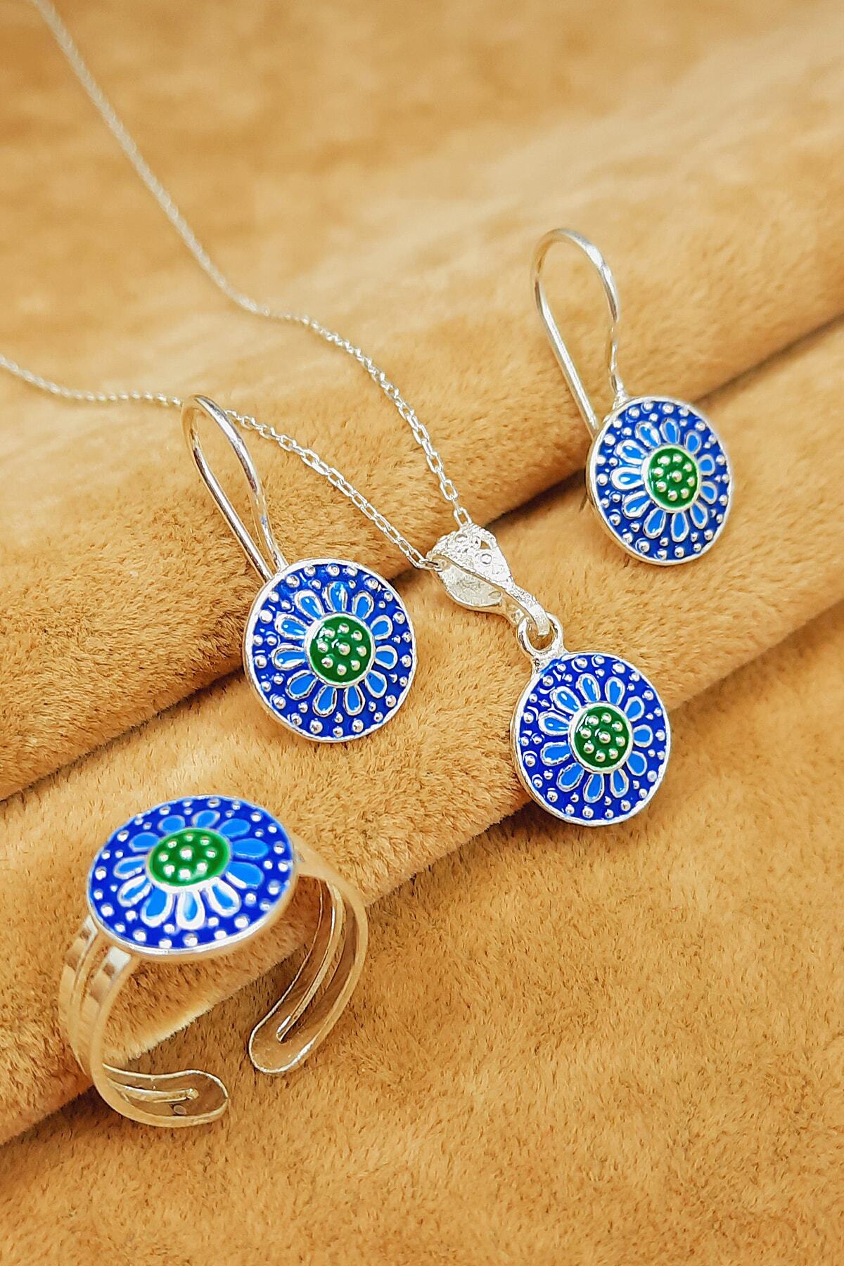 Güzel Gümüşçülük 925 Ayar Gümüş Forse Zincirli Mardin Midyat Hasırı Mine Işlemeli Kadın 3'lü Set