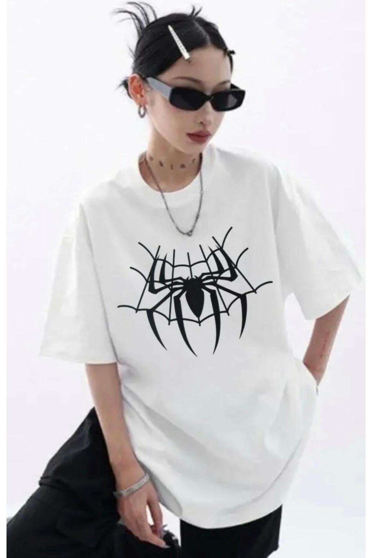 Gothicas Siyah Unisex Spider Ağ Örümcek T-Shirt Oversize Unisex