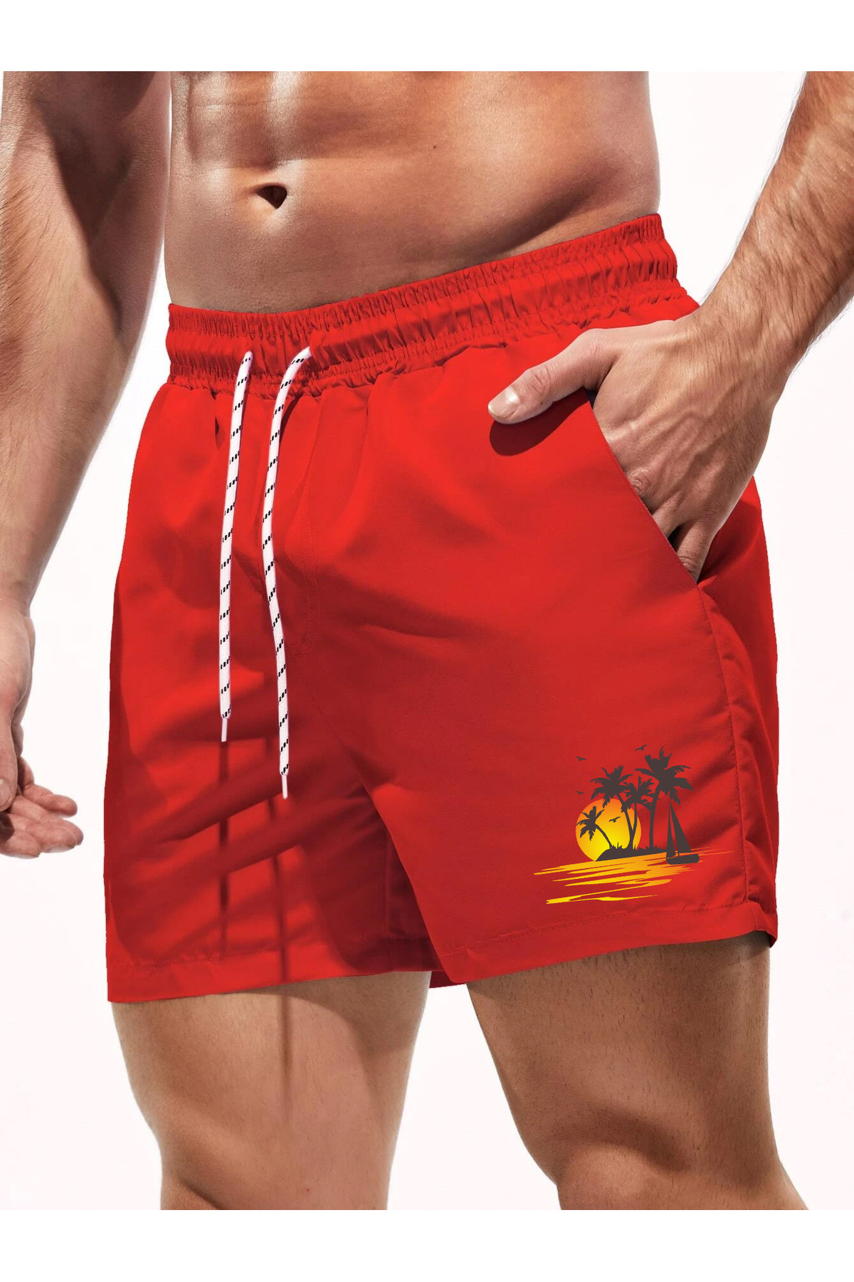 MEYASU Red Men's California Printed Basic Standard Size Swimsuit Sea Shorts