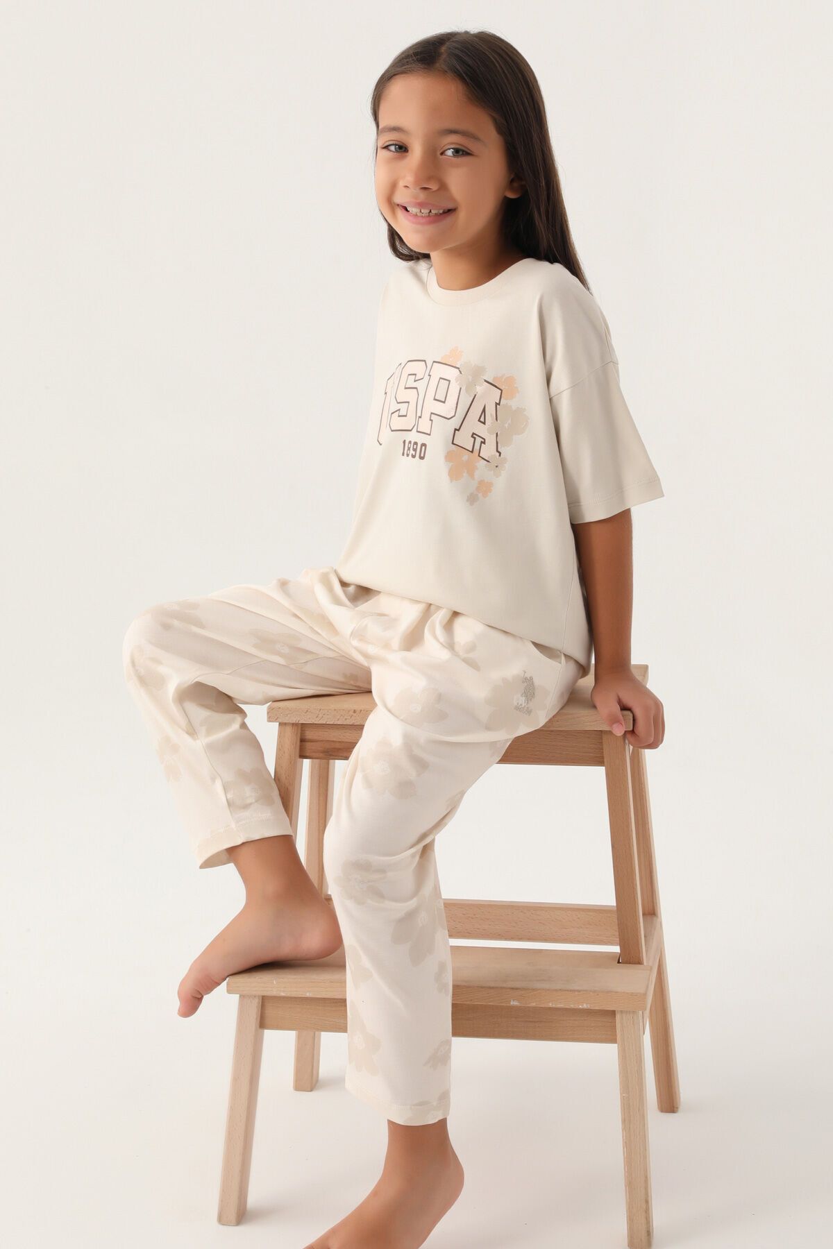 U.S. Polo Assn. BASE. ست لباس خواب دخترانه بژ طرح دار گلدار Polo Assn