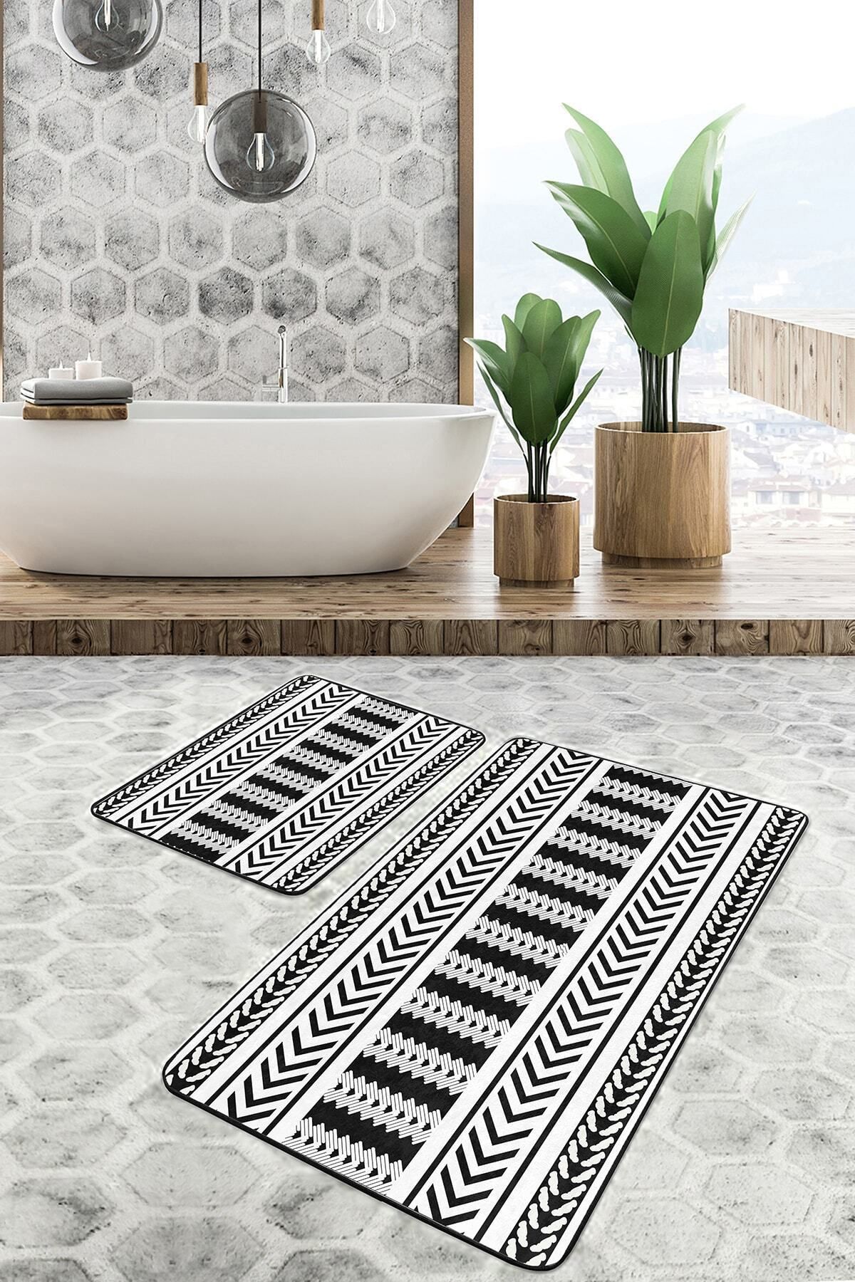 Nish & Royal-Black - White Geometric Motif on the Floor Scandinavian Geometric Simple & Stylish 2-Piece Bath Mat Set 2