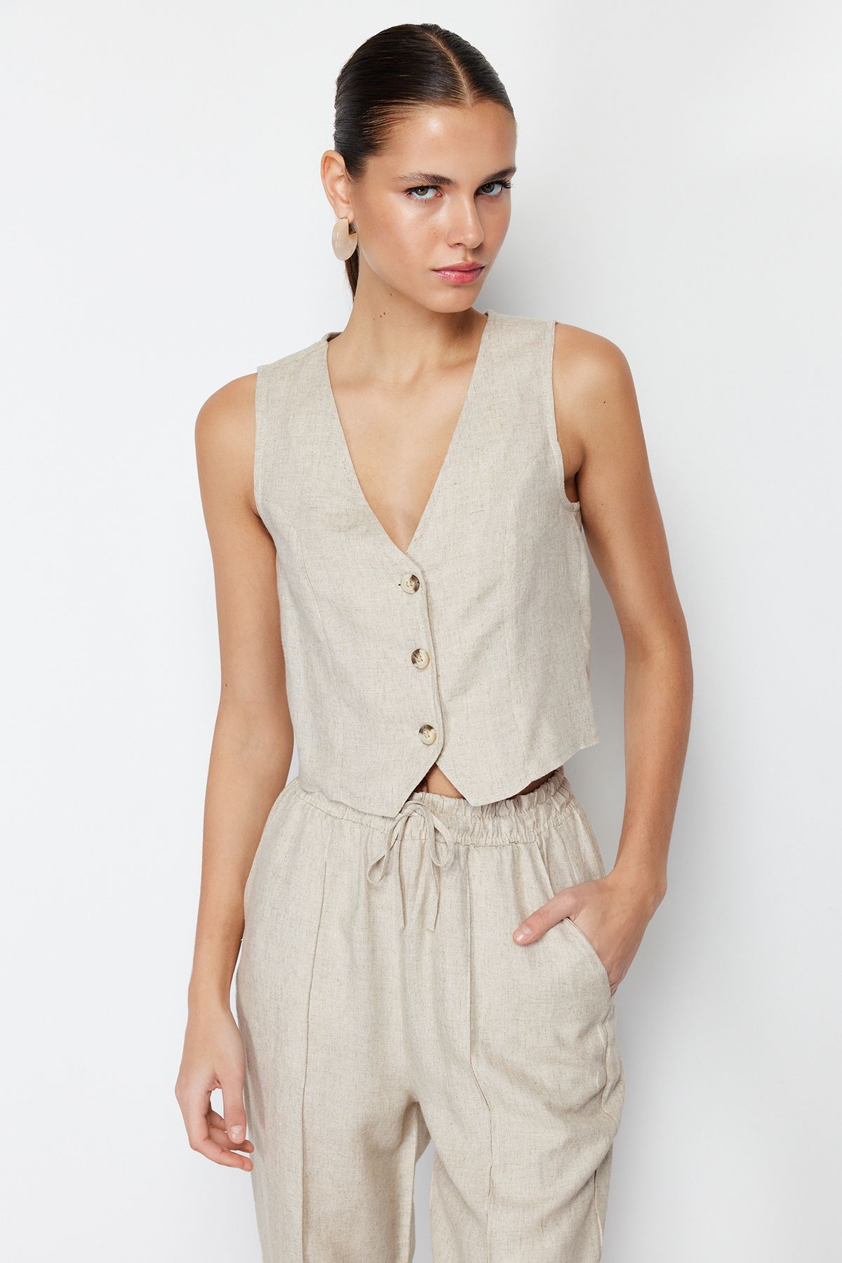 Trendyol Collection Vestă Crop Împletită De In Bej - Bumbac, Femeie - 38