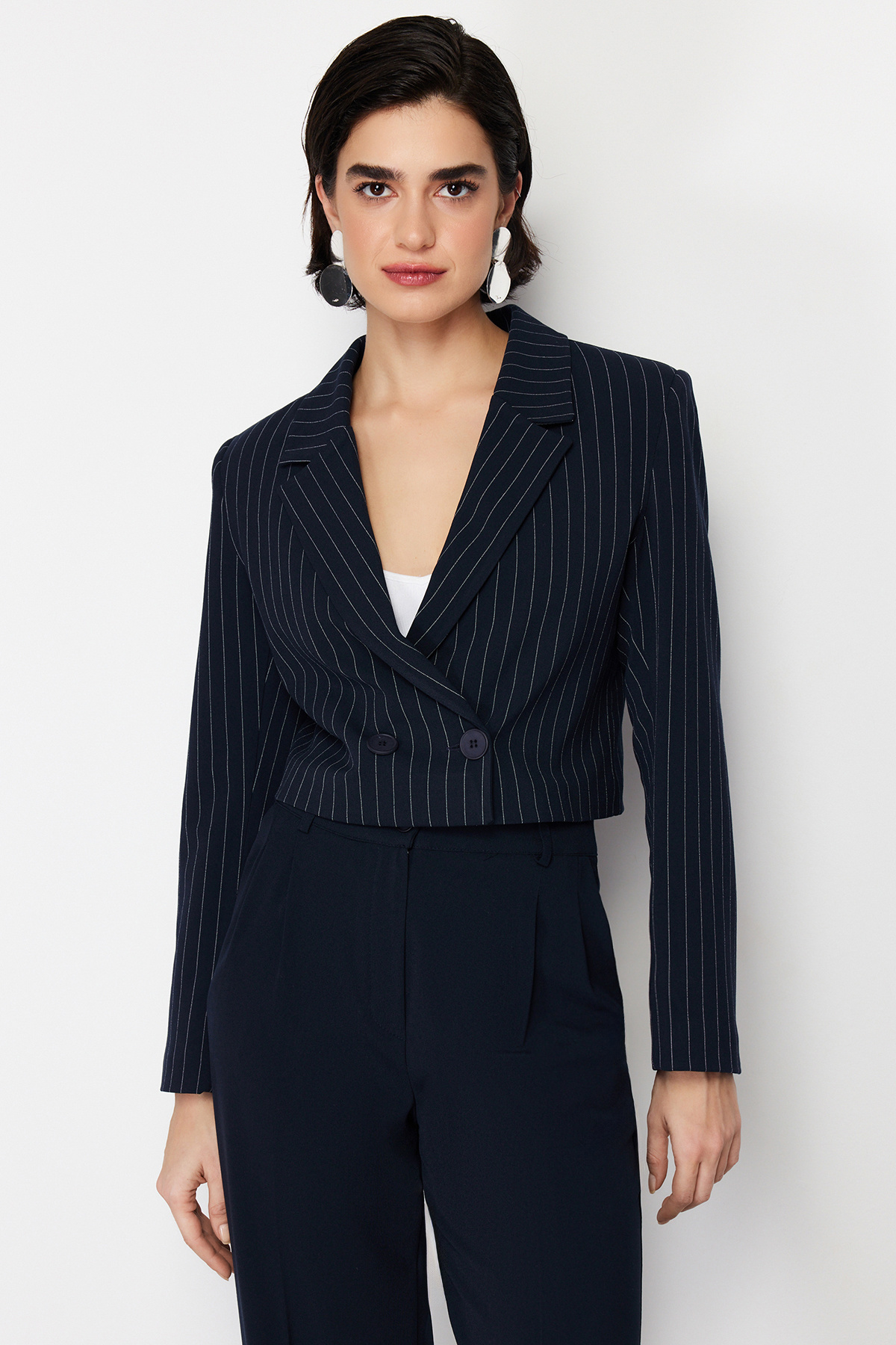 Trendyol Collection-Navy Blue Polyviscon Striped Crop Premium Woven Blazer Jacket TWOSS24BC00009 1