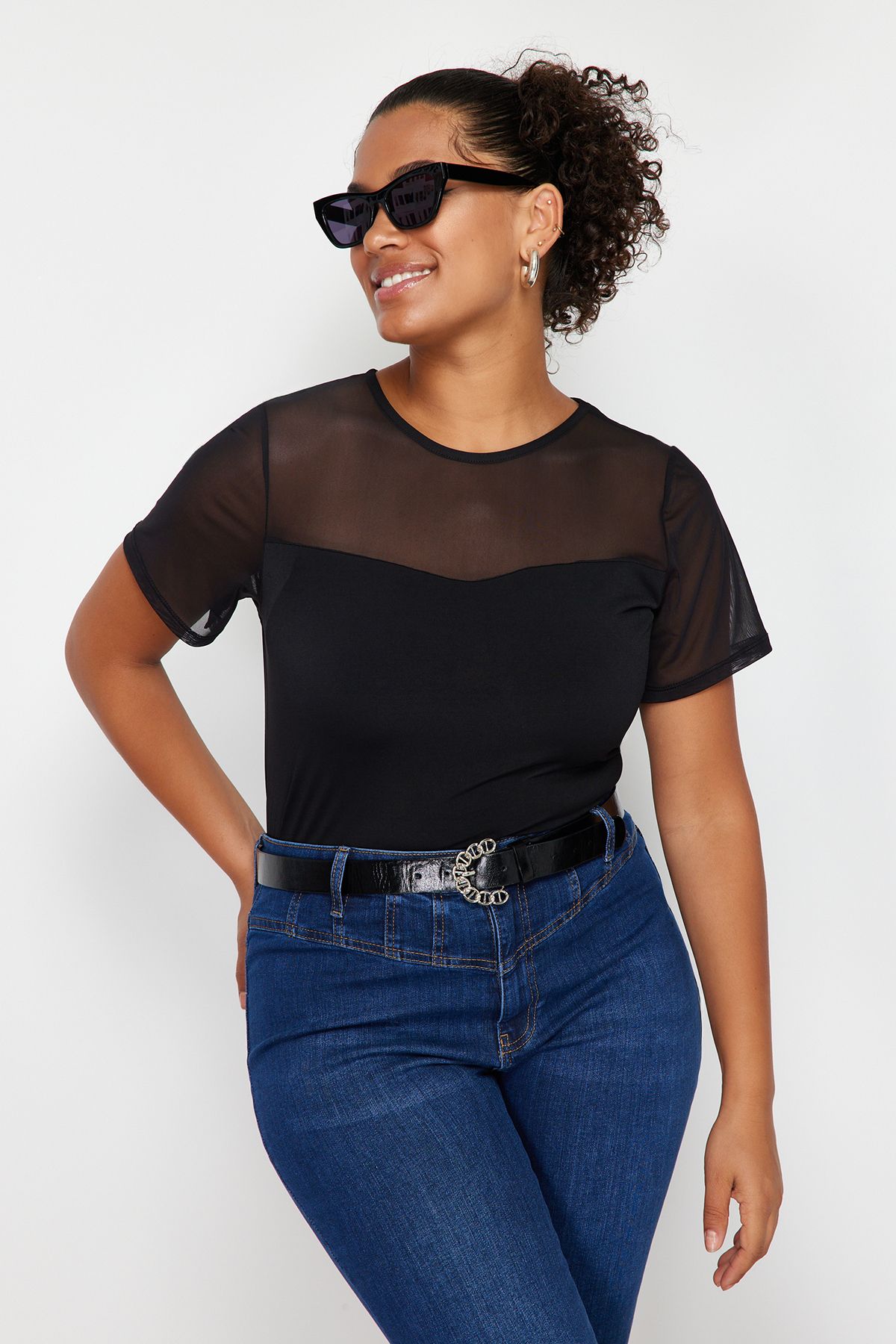 Trendyol Curve Czarna Dzianinowa Bluzka Z Kołnierzykiem W Kształcie Serca Kobieta - 3XL