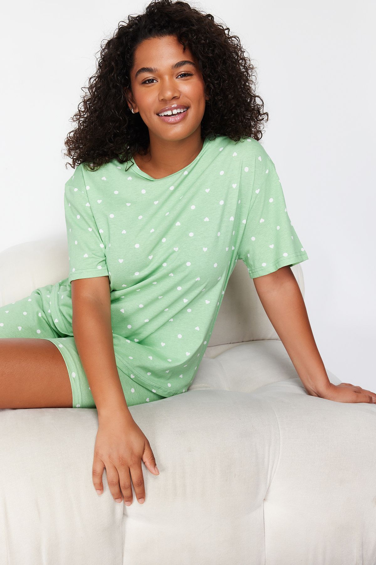 Trendyol Curve-Gestricktes Pyjama-Set mit Herzmuster in Mintgrün TBBSS24AI00025 2