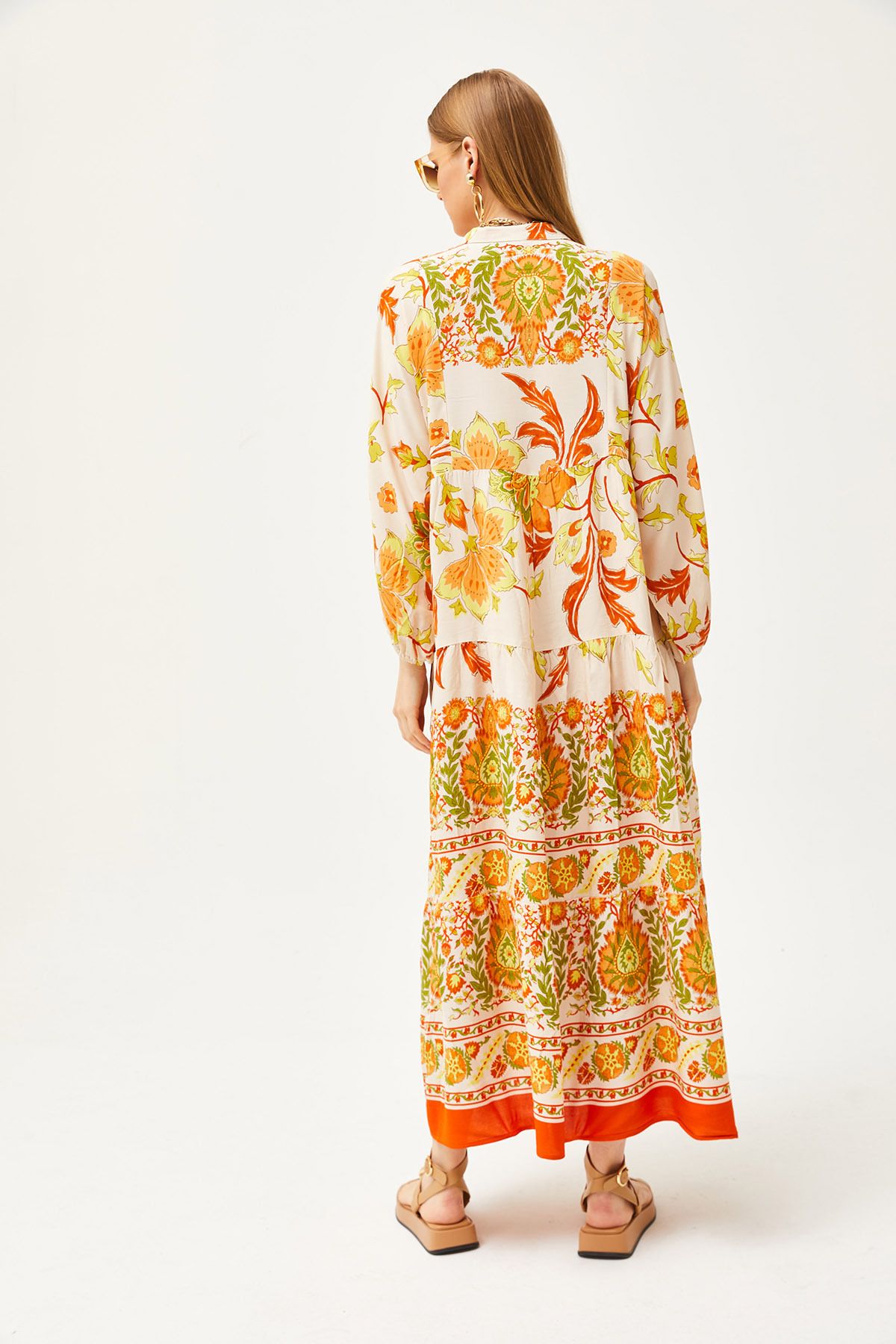 Turuncu Hakim Yaka Oversize Maxi Dokuma Viskon ElbiseELB-19002046