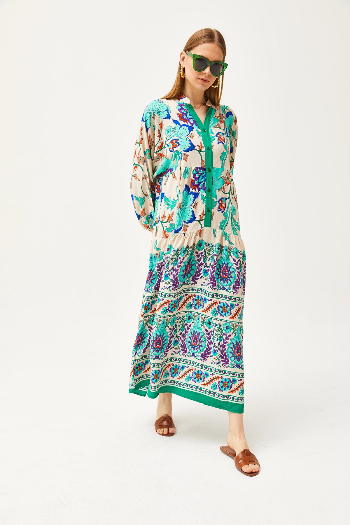 Çimen Yeşili Hakim Yaka Oversize Maxi Dokuma Viskon ElbiseELB-19002046