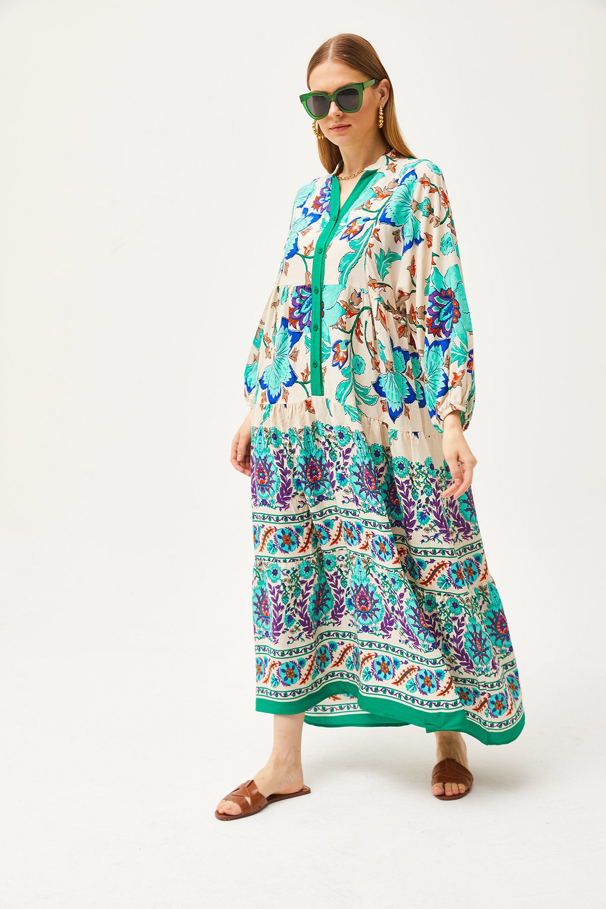 Çimen Yeşili Hakim Yaka Oversize Maxi Dokuma Viskon ElbiseELB-19002046